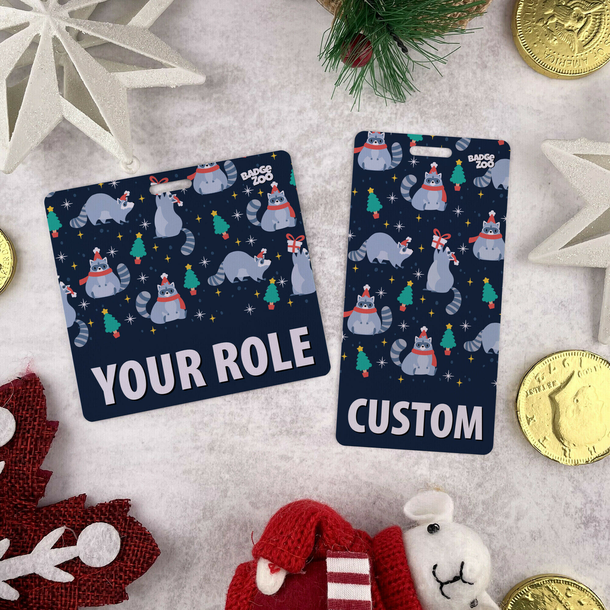 Customizable Badge Buddy - Christmas Series - Jolly Raccoon - ID Backer Card