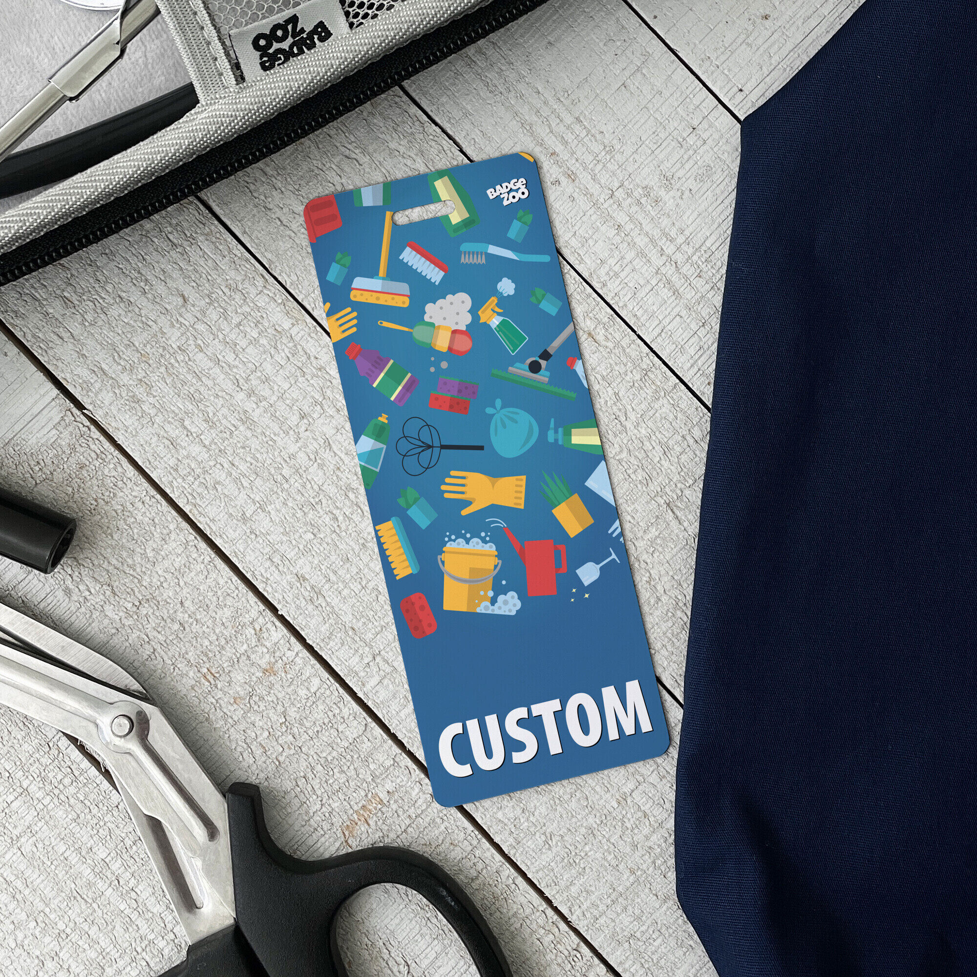 Badge Buddy showcasing fun janitorial theme