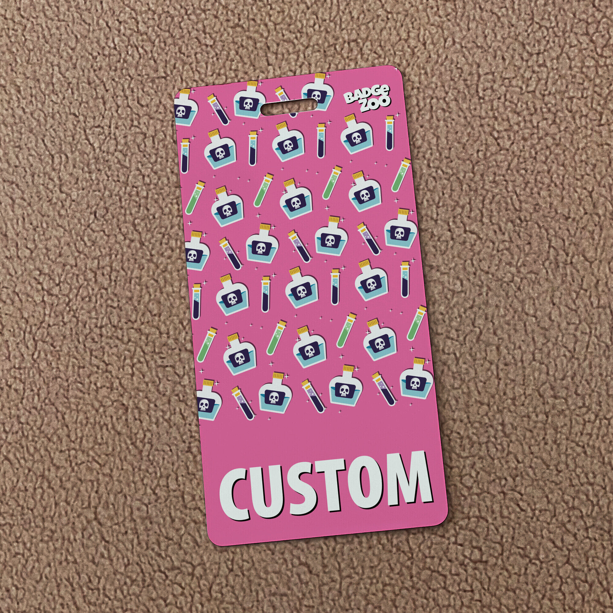Cheerful pink poison badge buddy on display