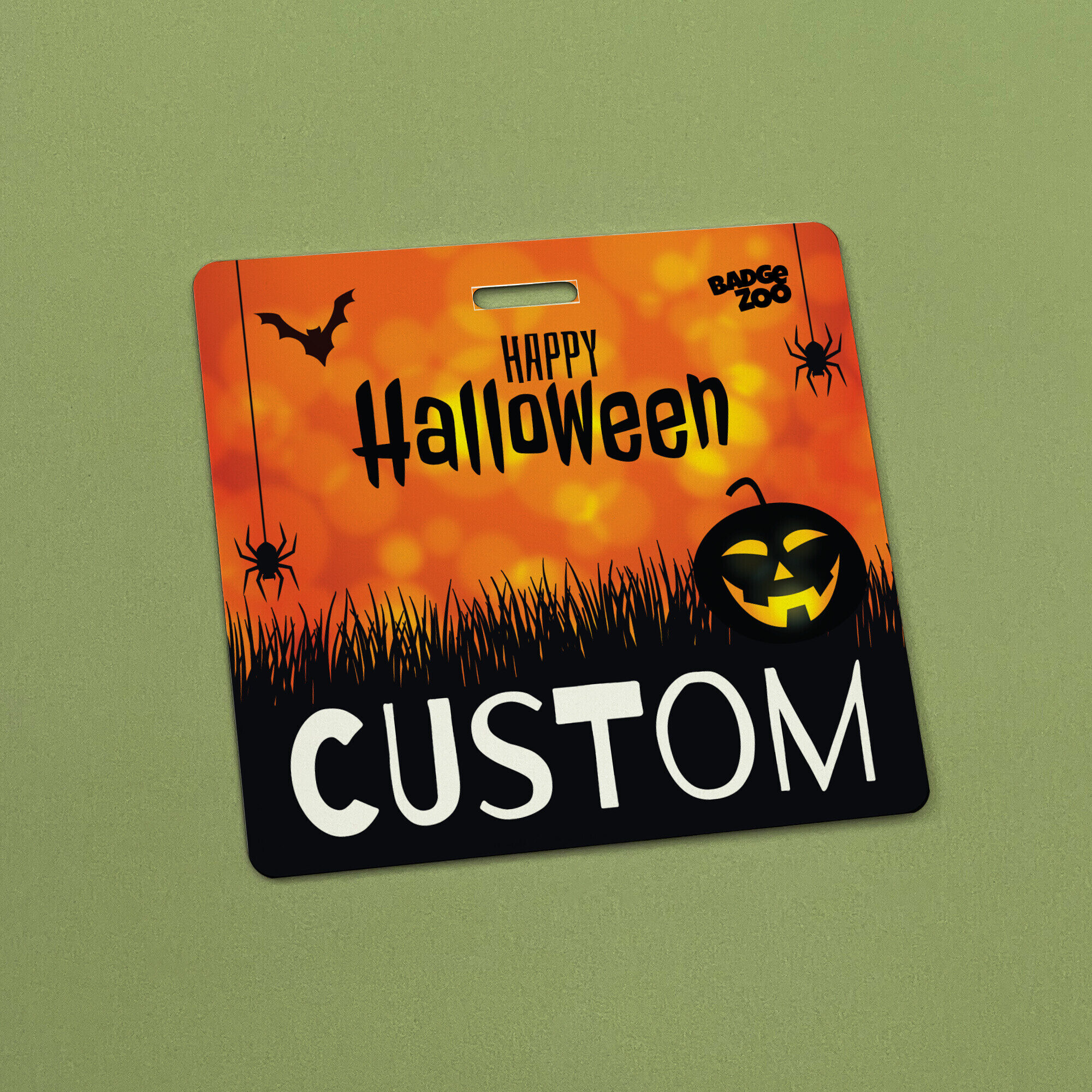 Close-up of the orange pumpkin badge