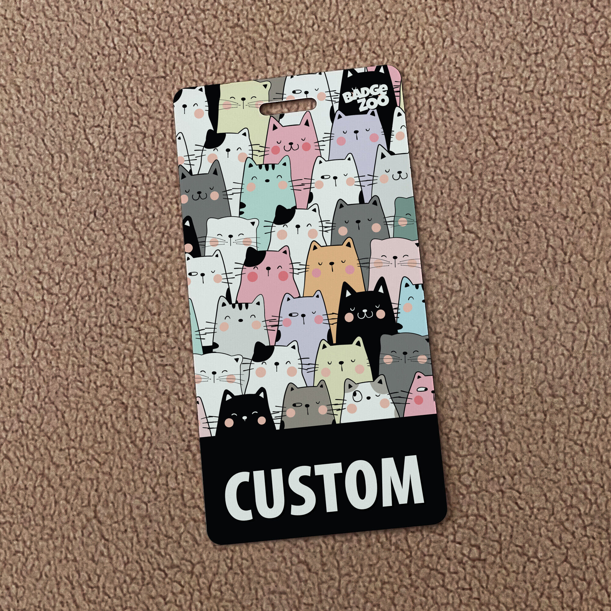 Colorful badge buddy featuring playful cats