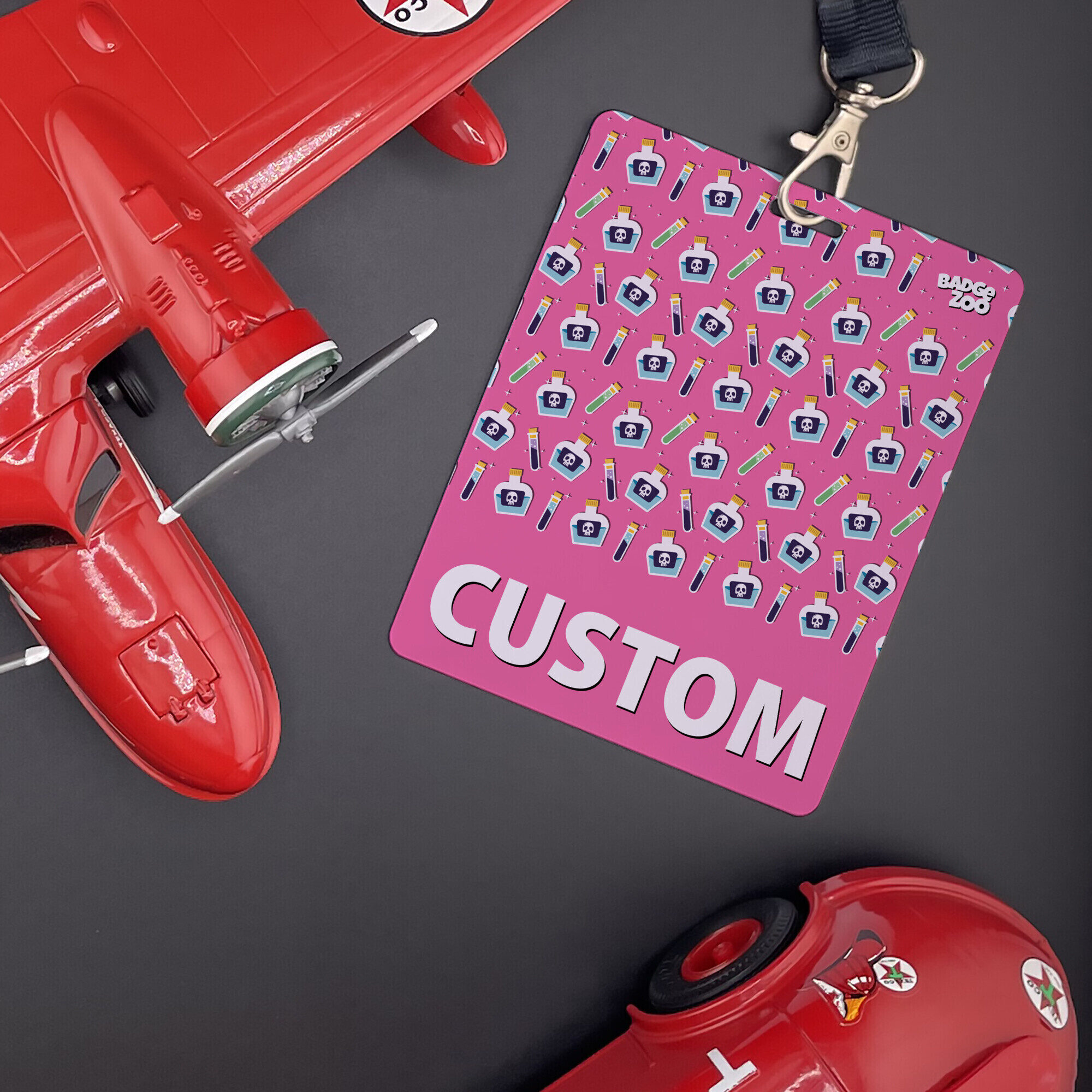 Colorful pink poison badge buddy background view