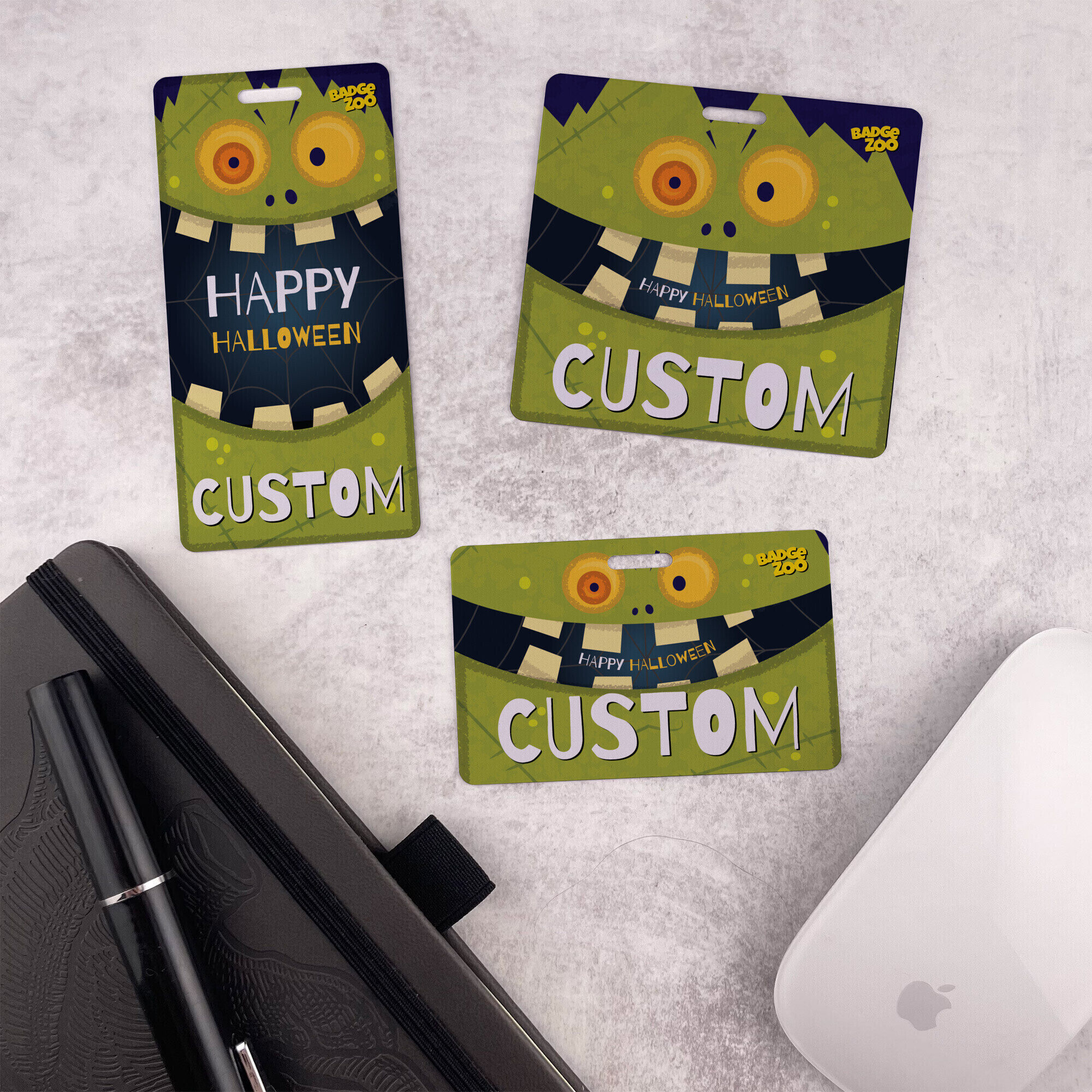 Halloween-themed badge with monster design