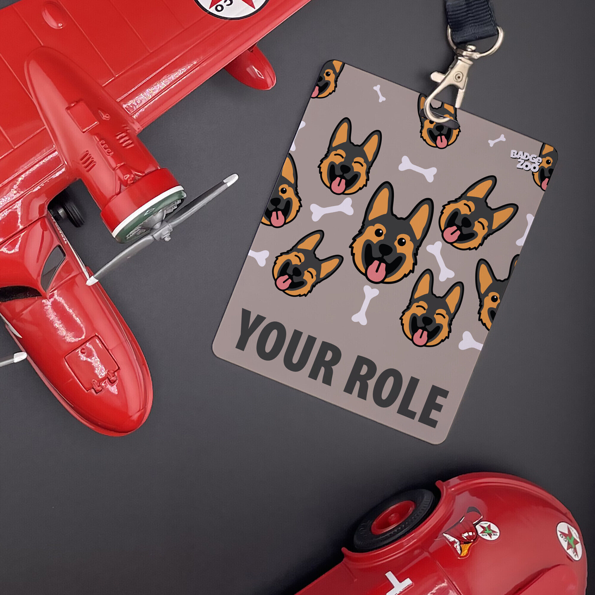 Fashionable badge buddy with German Shepherd art