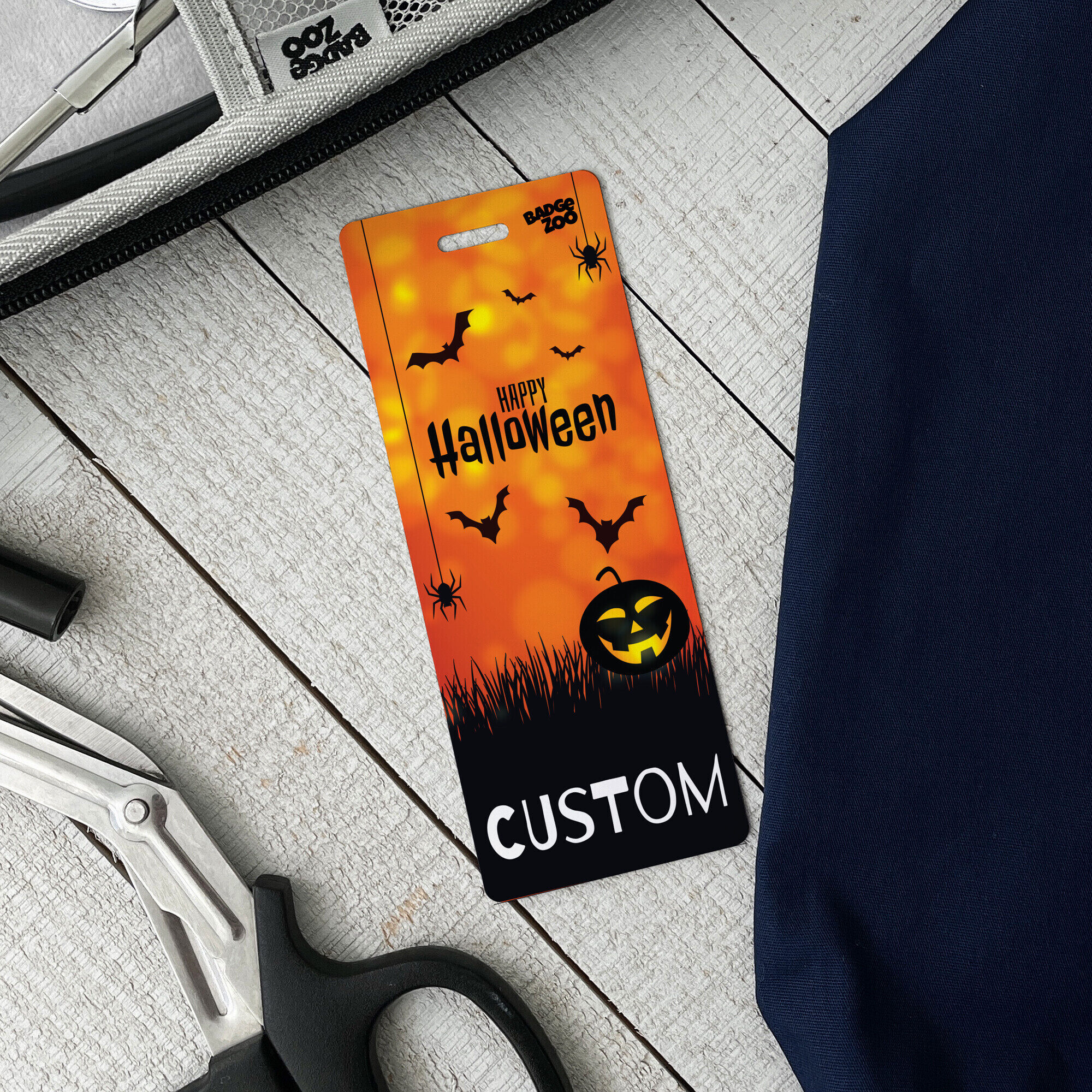 Fun Halloween-themed pumpkin badge buddy
