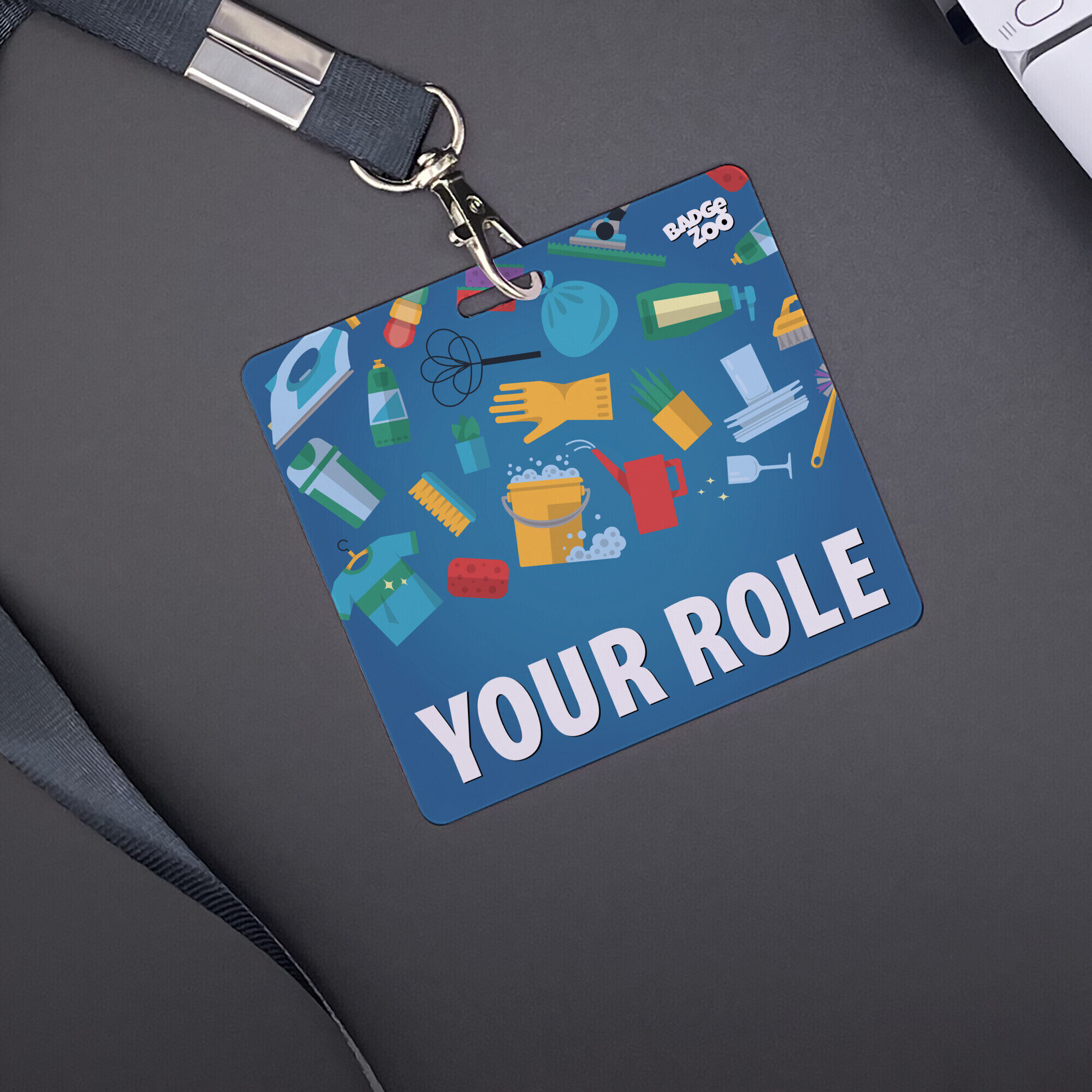 Inspirational janitorial messages on badge