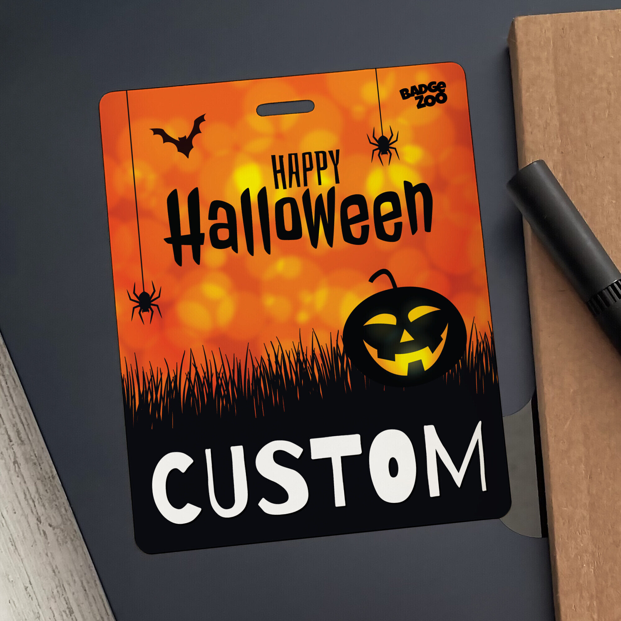Orange Halloween pumpkin badge in use