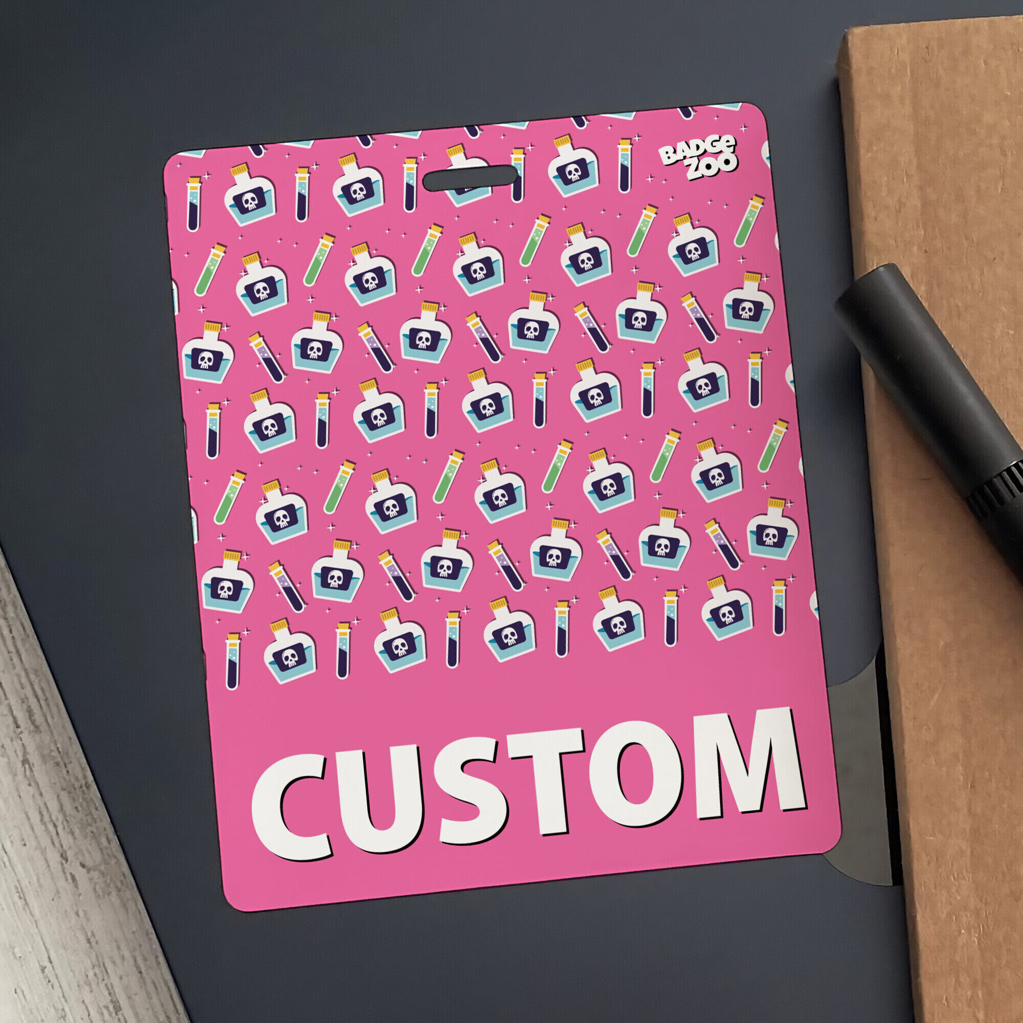 Playful pink poison badge buddy at work