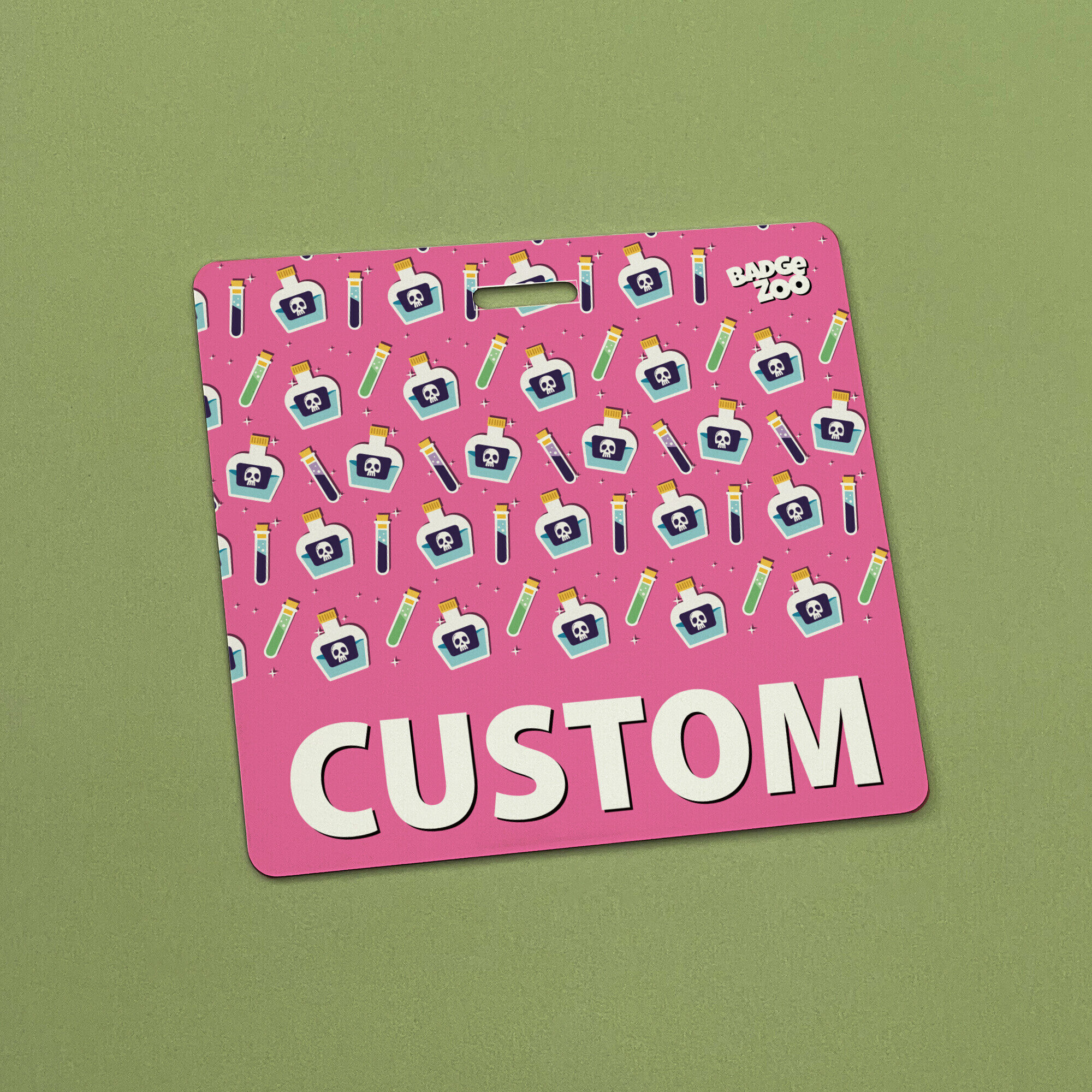 Stylish pink poison bottle badge buddy close-up