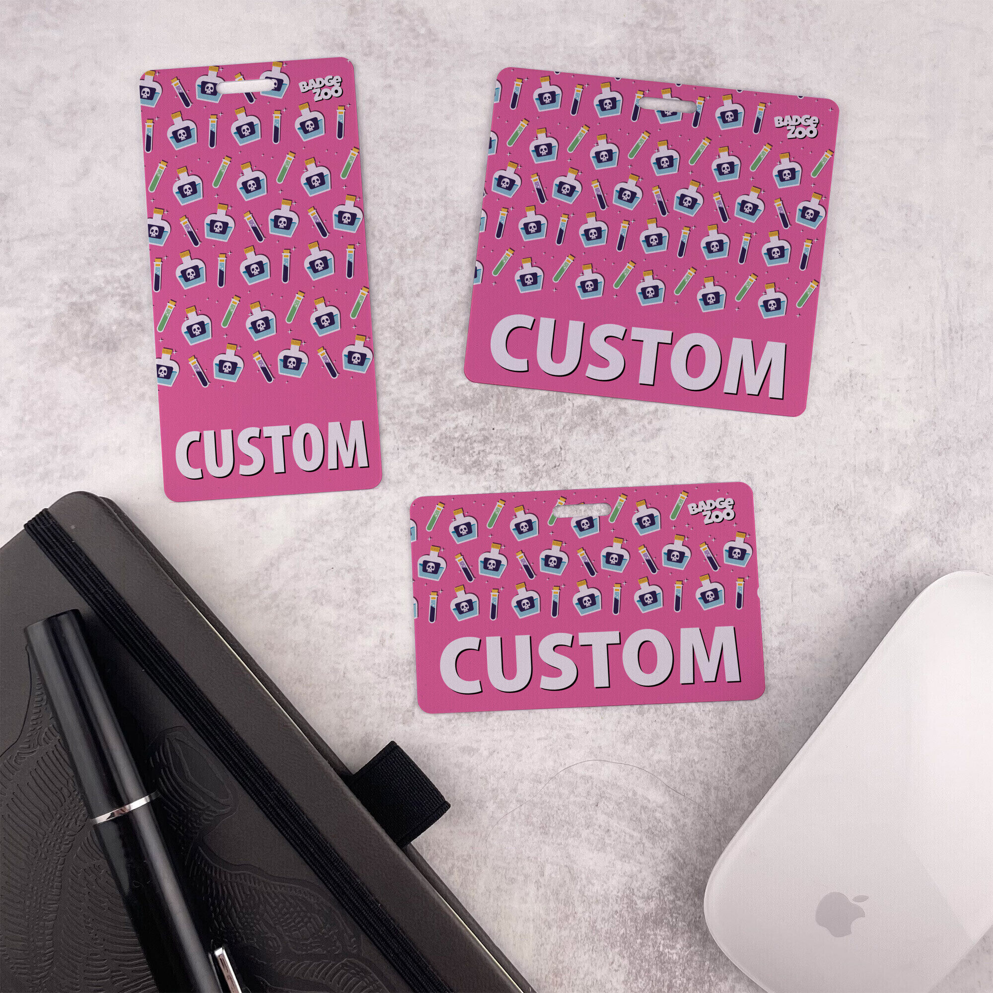 Unique pink poison badge buddy in hands