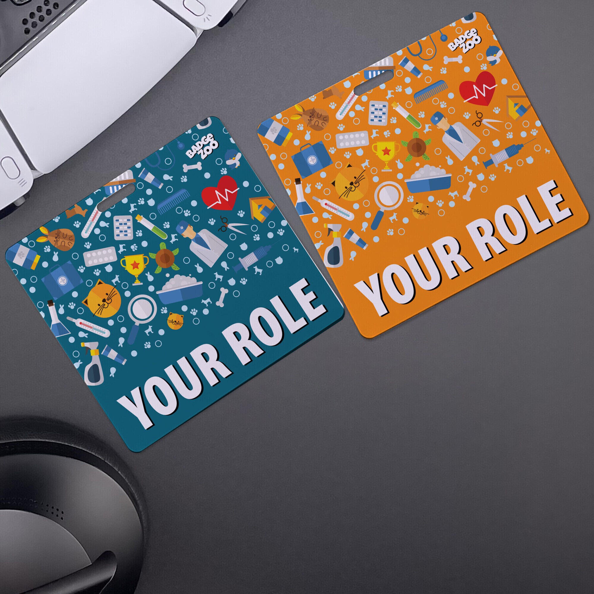 Vibrant vet badge showcasing adorable pet illustrations