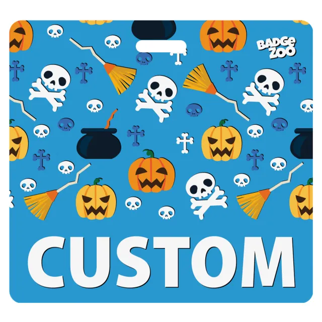 Blue Pumpkins Skulls and Witch Pattern Badge Buddy
