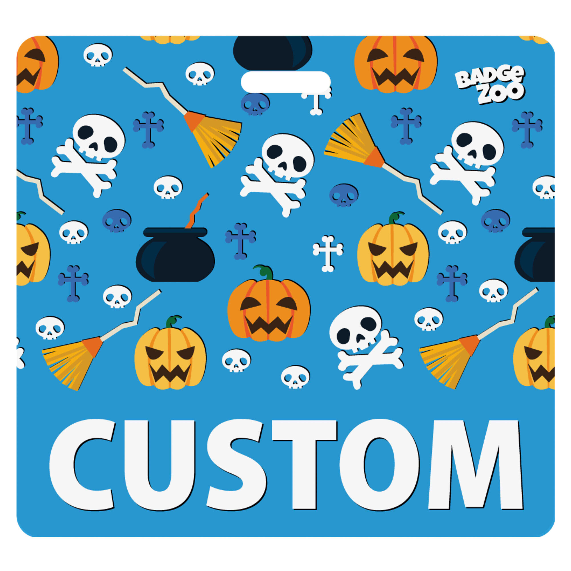 Blue Pumpkins Skulls and Witch Pattern Badge Buddy