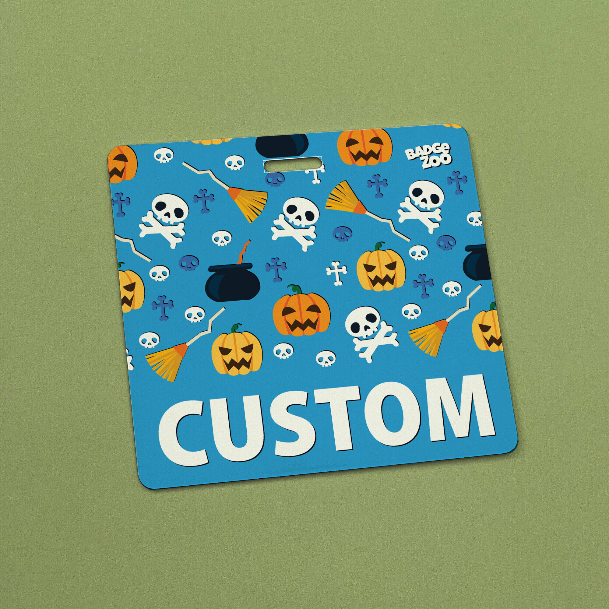 Close-up of Blue Pumpkins Badge Buddy design
