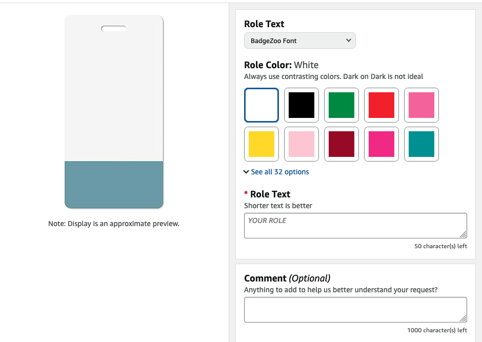 Custom Badge Buddy options and design preview