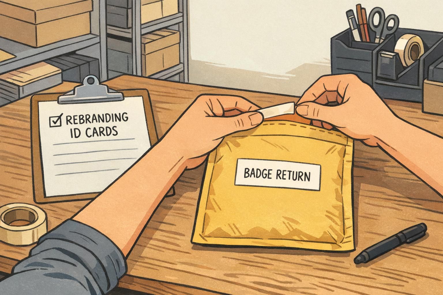 Mailroom worker seals a badge return mailer for remote staff during rebranding ID cards.
