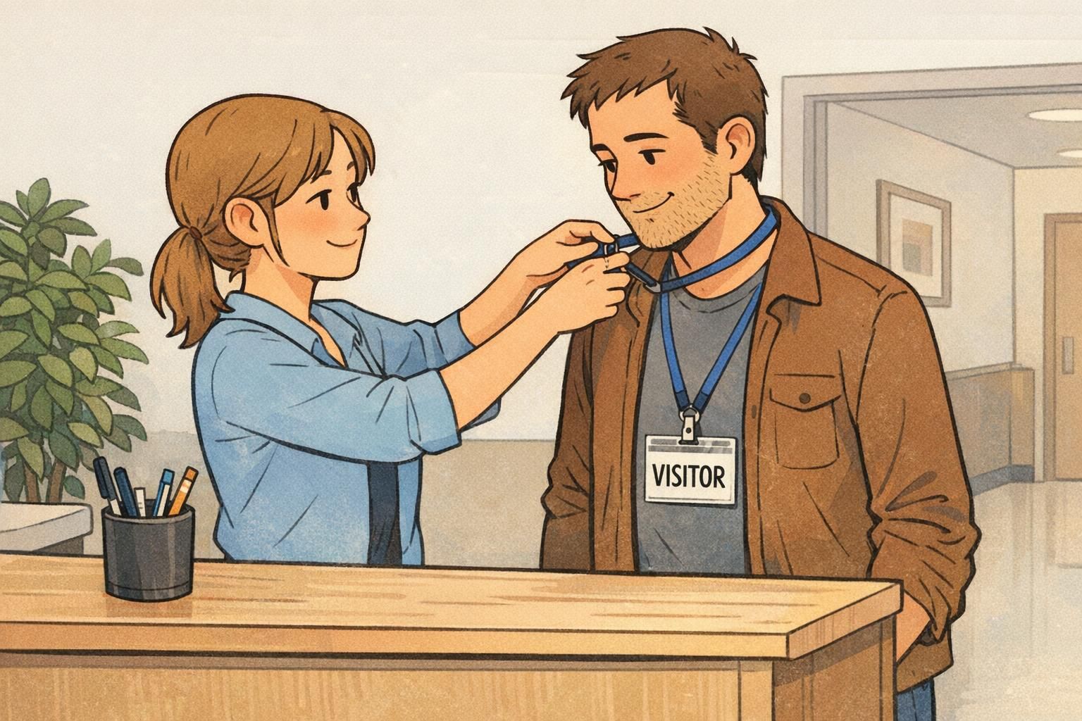 A receptionist helps a visitor put on a breakaway lanyard and clear badge holder at a lobby counter during check-in.