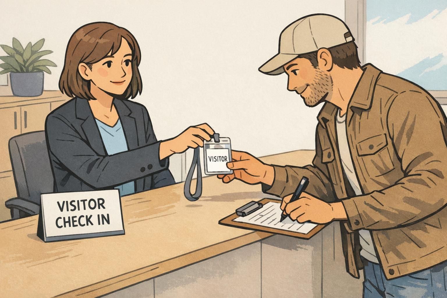 A manager issues a temporary visitor badge at a check-in desk while a contractor signs in, supporting accurate access logs and reducing access control risks.