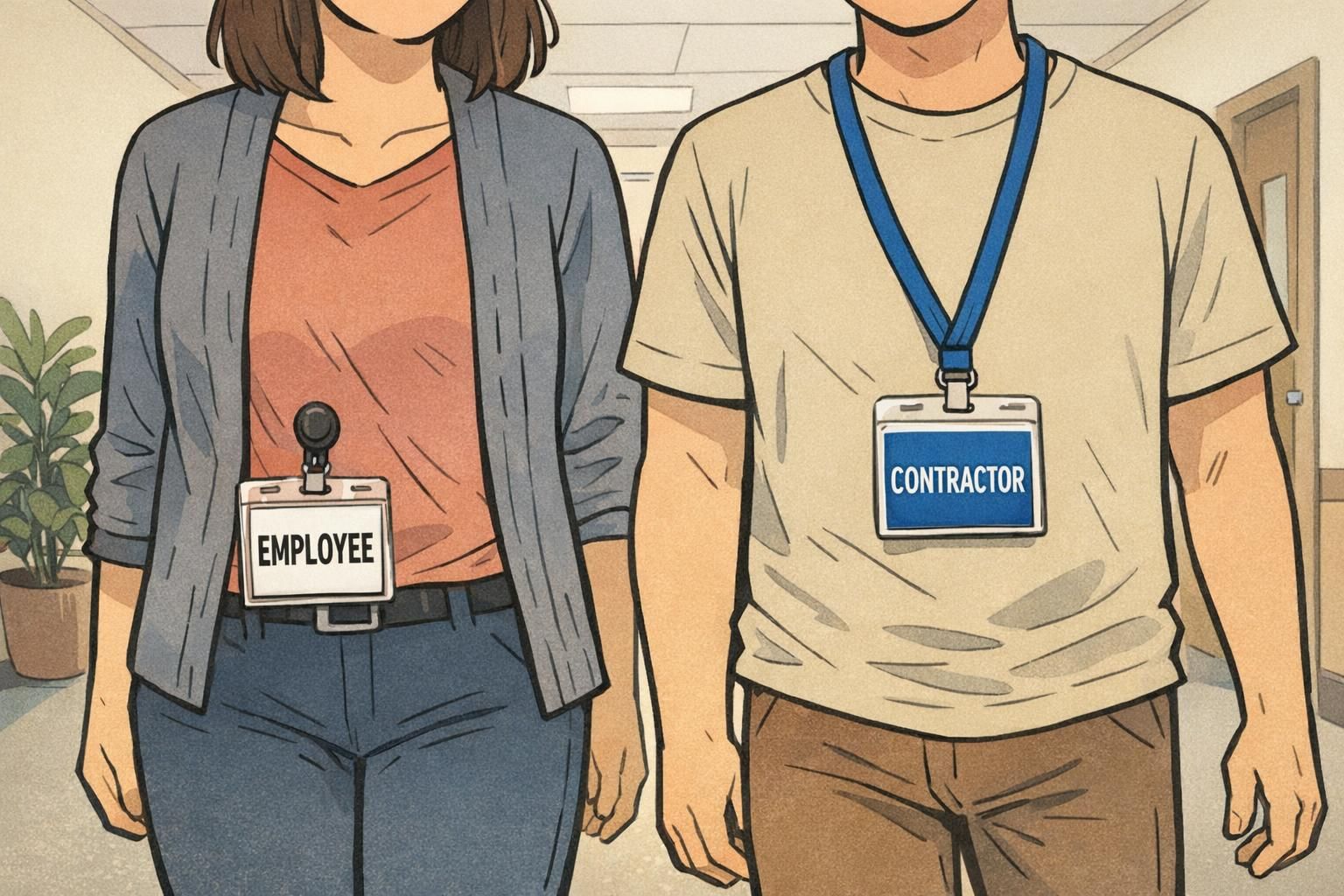 Two adults walk down a workplace hallway wearing different role-labeled badges, including a contractor ID badge and an employee badge for quick recognition.