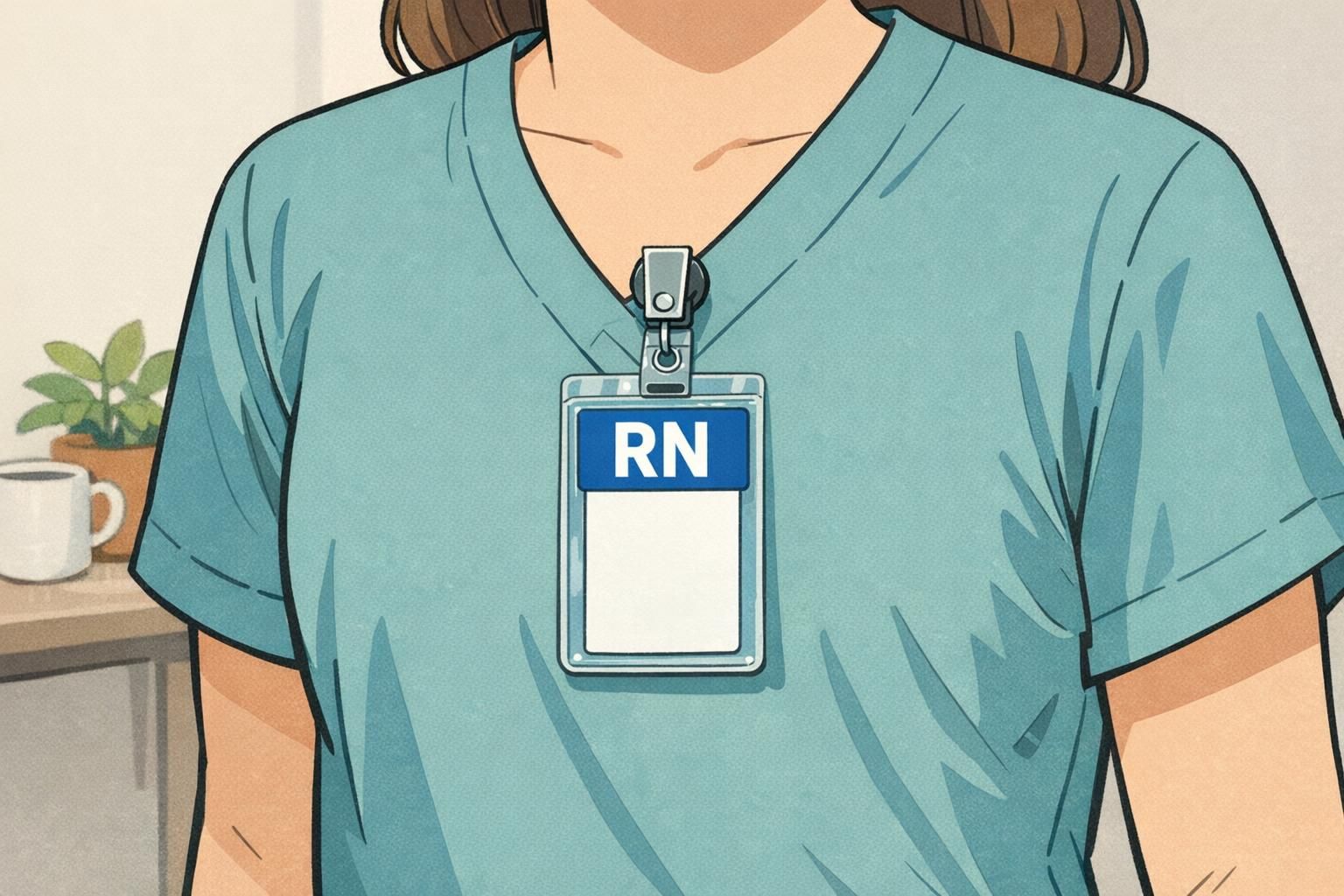 A healthcare worker in scrubs wears a chest-clipped ID in a clear vertical holder with a rigid badge buddy stacked behind it for stability.