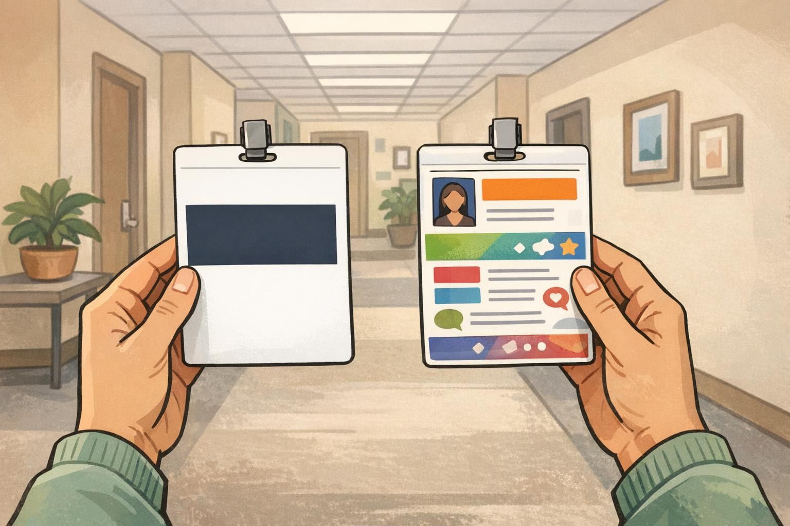 In an office hallway, a staff member holds two ID badge samples side by side—one clean and high-contrast, the other busy—to compare legibility from a distance.