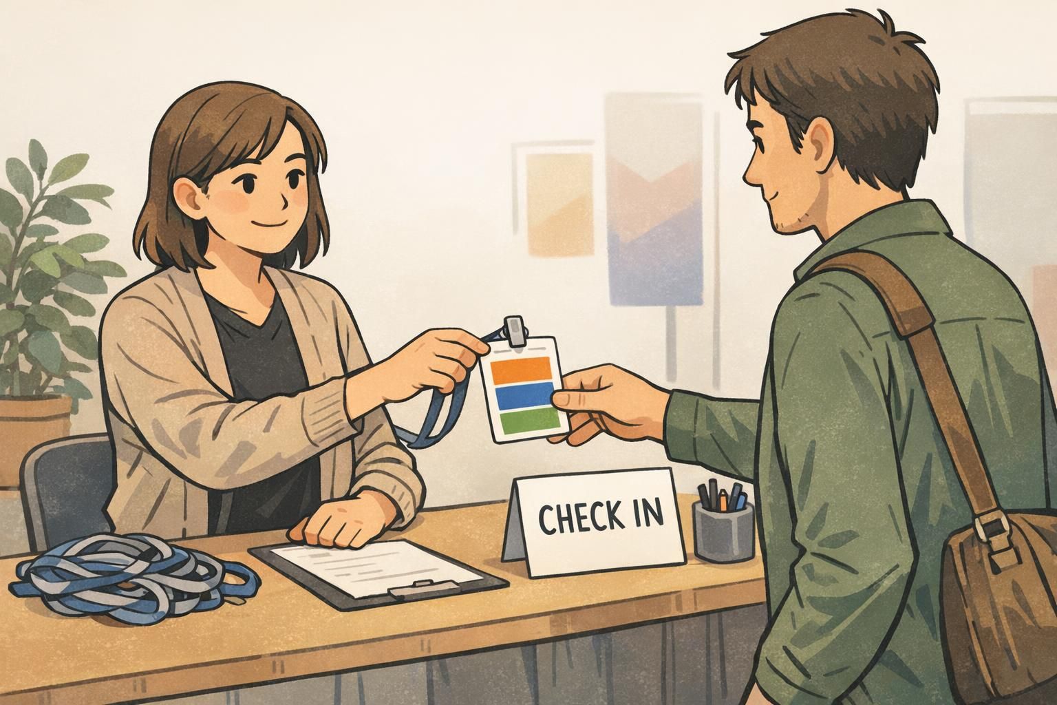 At an event check-in table, staff hands a visitor a clipped badge with simple color cues that help sort roles quickly and reduce confusion.
