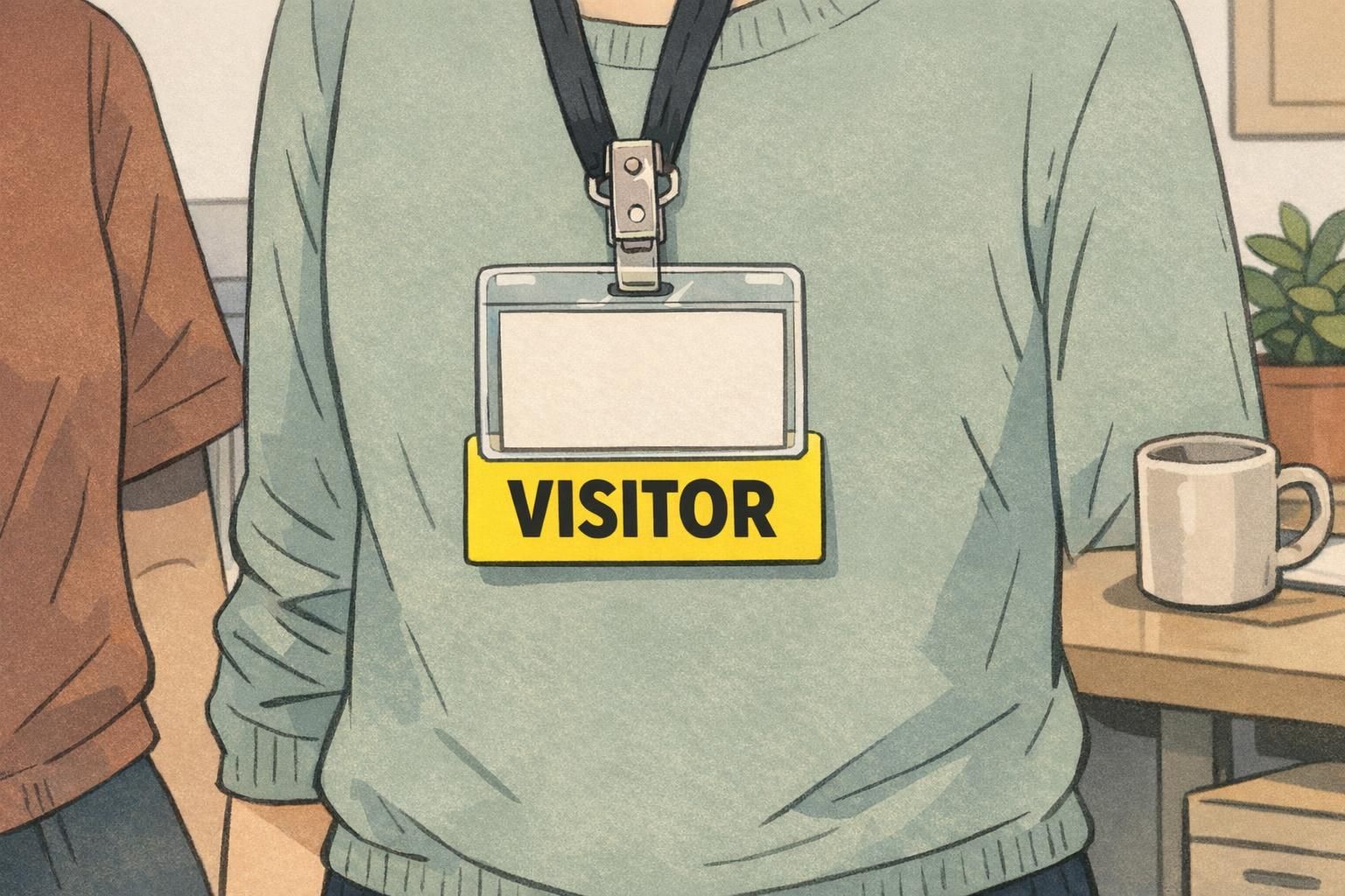 A person wears an ID badge paired with a bright yellow visitor badge buddy to make temporary access easy to spot at a glance.