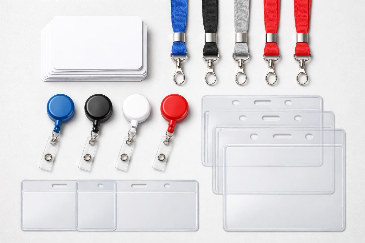 Flat lay of PVC ID cards, lanyards, retractable badge reels, and clear badge holders arranged on a desk to show common badge accessories and components.