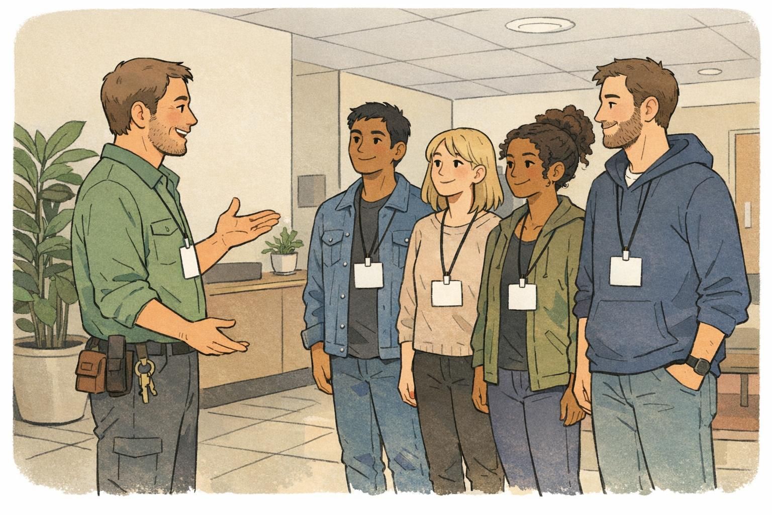 A facilities lead welcomes new hires in a lobby while they wear plain ID cards on lanyards for quick visual identification.