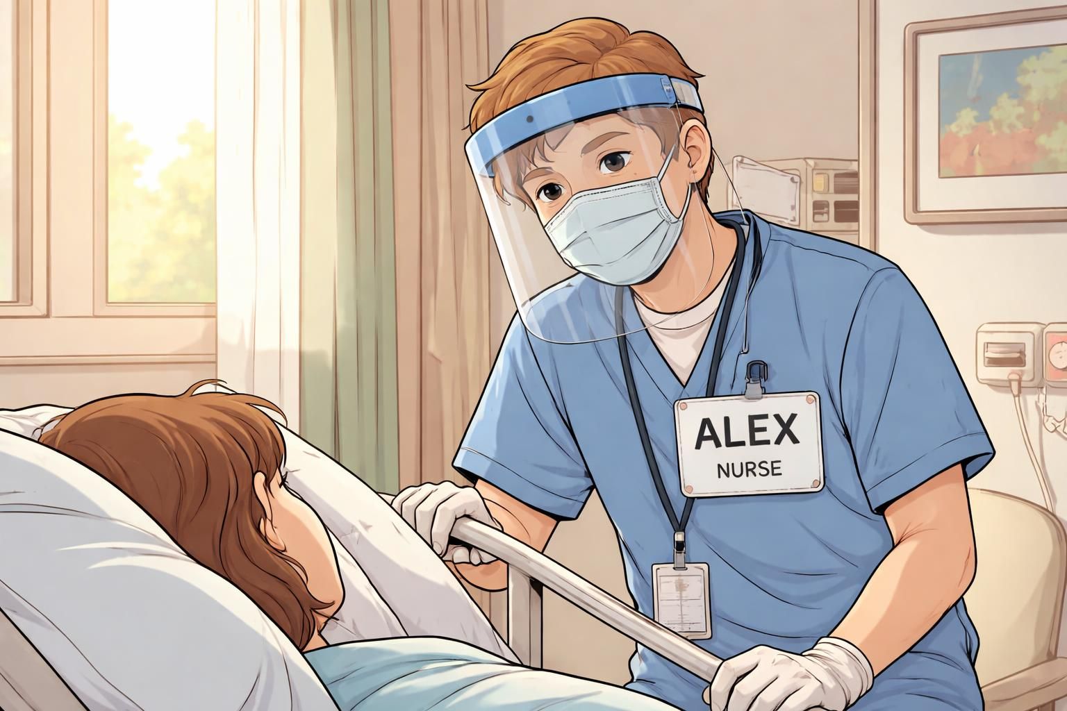 A clinician wearing PPE leans forward to speak gently with a patient in a room while a visible chest placard displays the caregiver’s name and role.