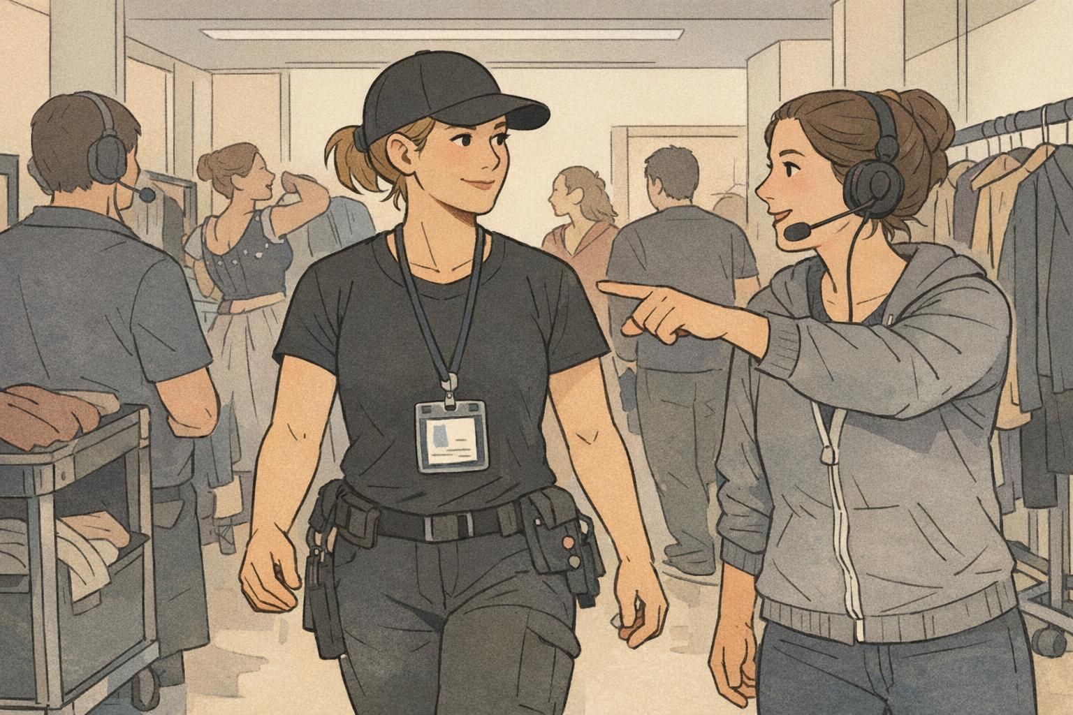In a busy hallway, a team member walks with a shift work badge facing forward in a clear holder on a lanyard during a quick handoff.