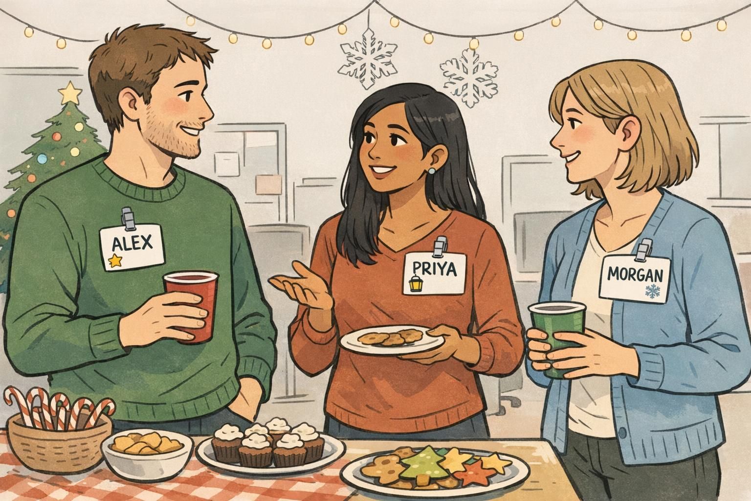 Office holiday party name tags with large, readable names and small winter icons on clipped badges for simple holiday badge designs.