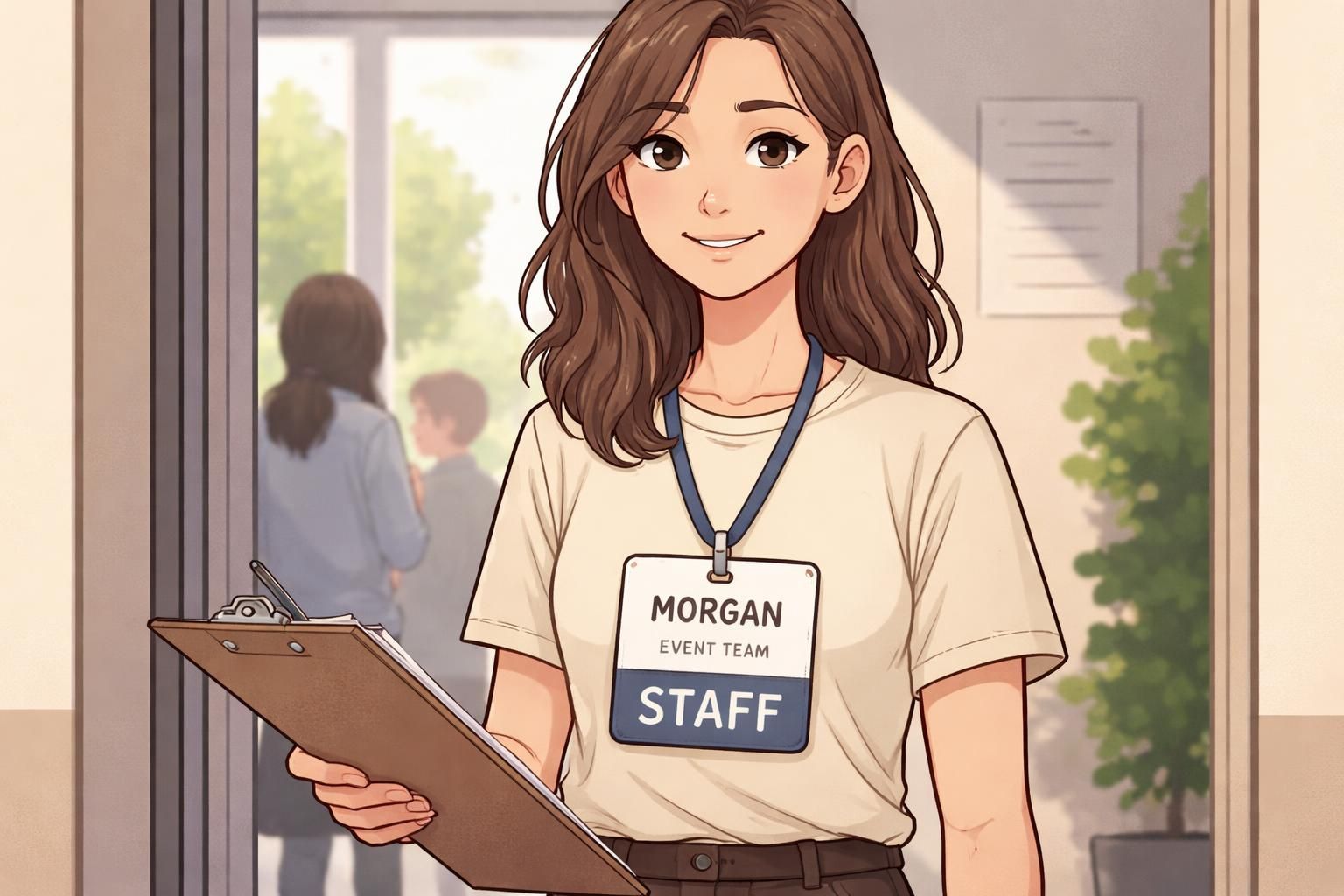 Staff member wearing a stacked badge and badge buddy add-on clipped together to display a prominent role label above a readable name badge, demonstrating clear role recognition.