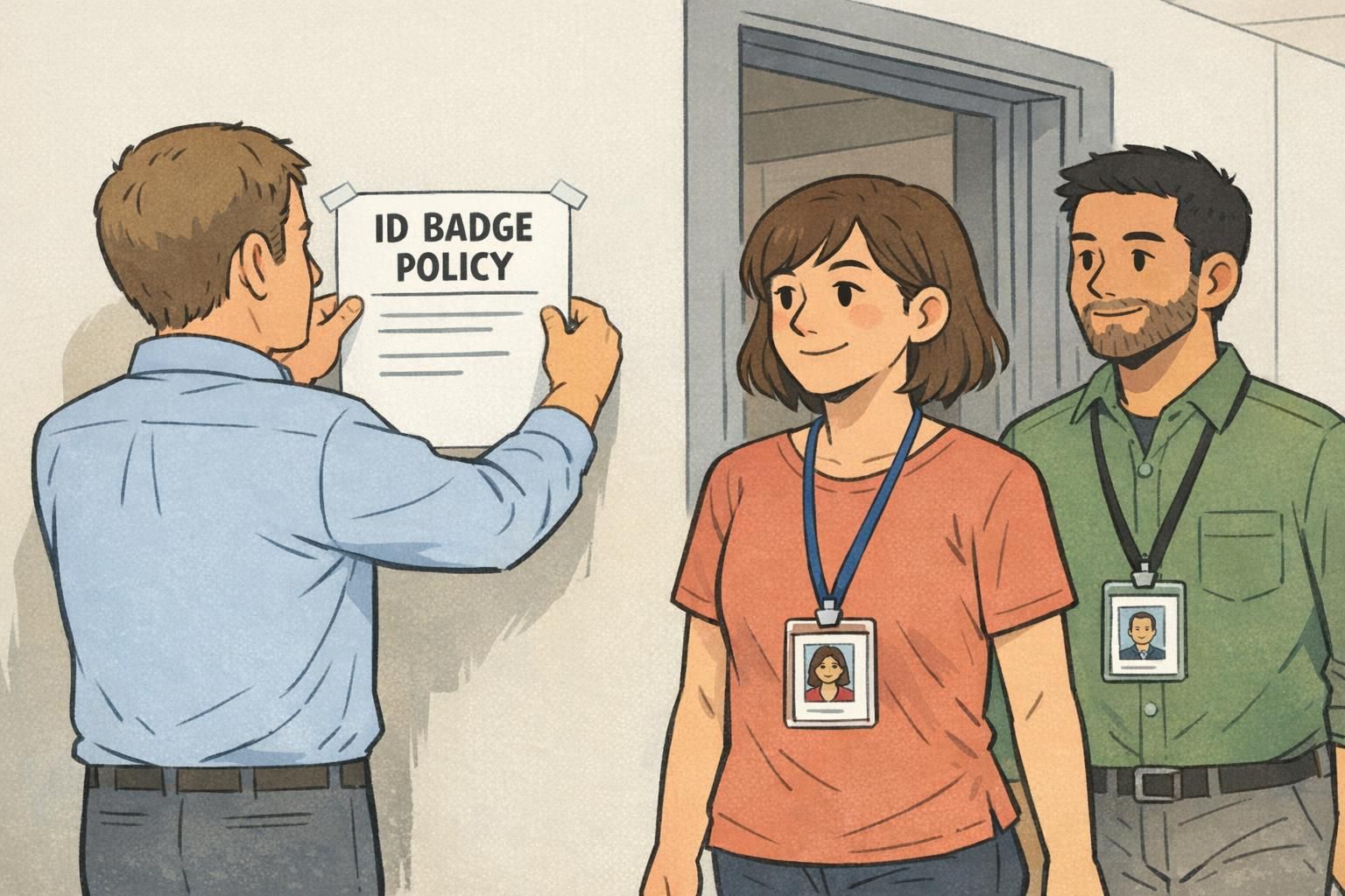 A manager posts an ID badge policy reminder near a staff entrance as employees walk by wearing visible badges on lanyards.