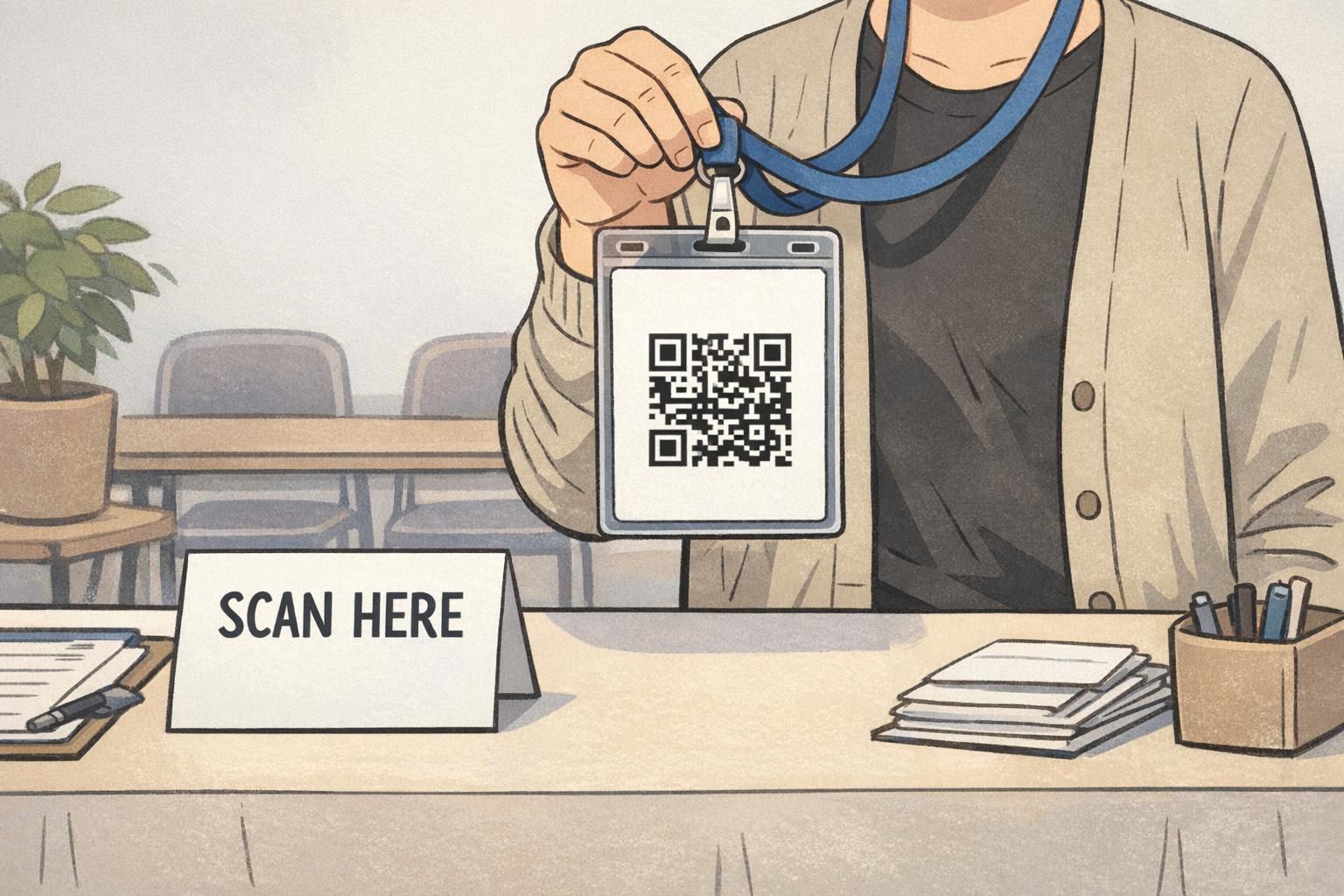 At an event check-in table, staff flip a credential to show the reverse with one unobstructed QR code area for quick scanning.