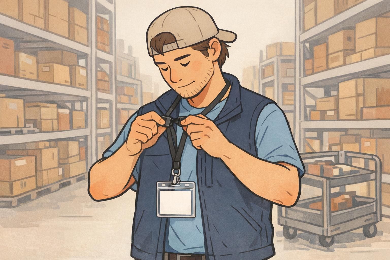 A warehouse worker gently tug-tests the breakaway clasp on their lanyard before starting work, with shelves and a cart in the background.