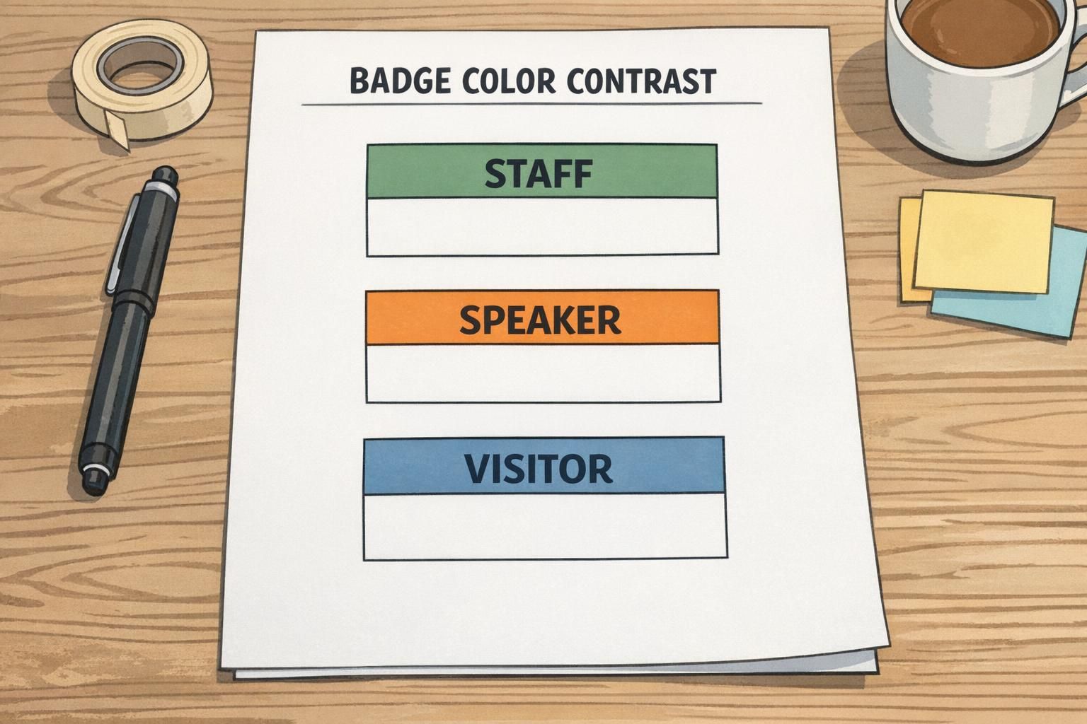A proof sheet compares role header color bars with clear labels on white panels, illustrating badge color contrast for staff, speaker, and visitor badges.