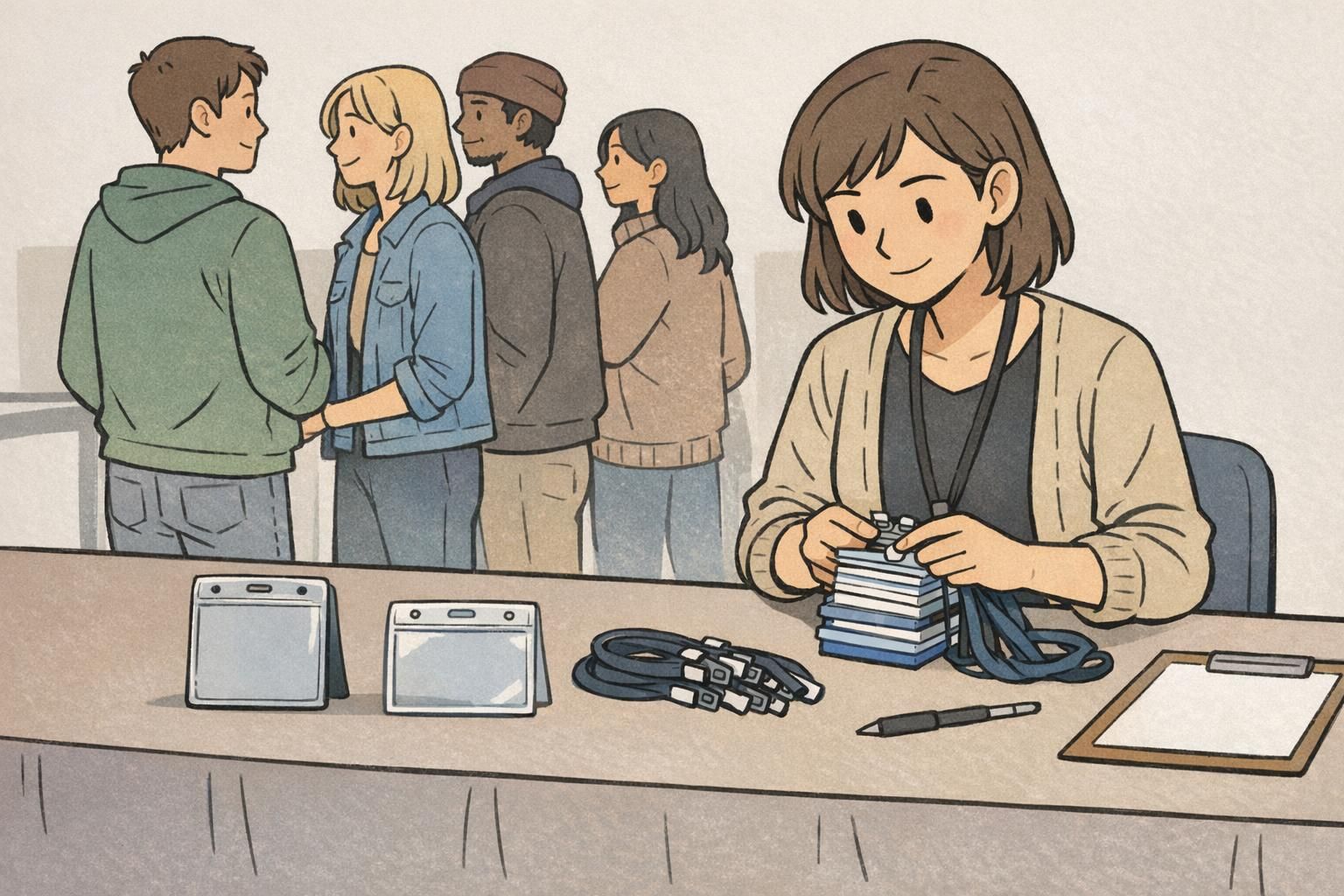 At an event check-in table, staff organize badges with one rigid holder and one flexible badge sleeve ready for quick distribution.