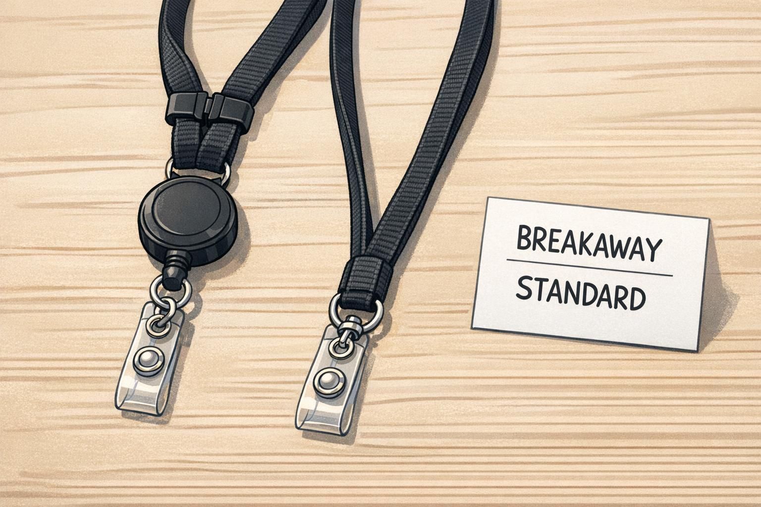 Close-up of a breakaway lanyard reel next to a standard lanyard, showing the safety breakaway clasp and reel attachment hardware.