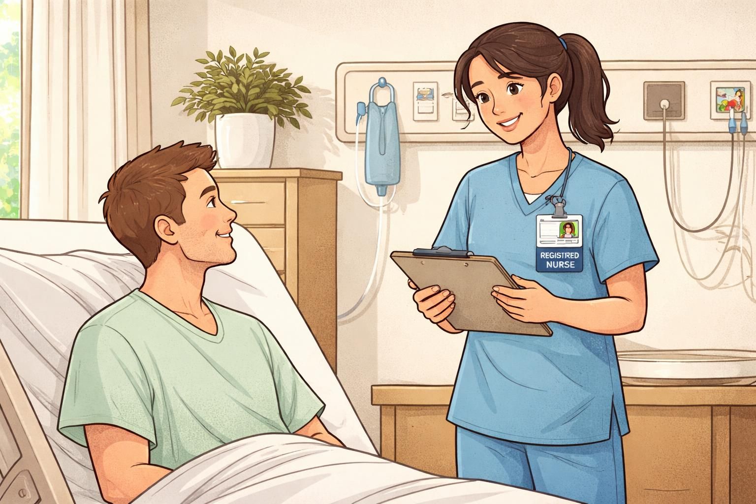 A nurse introduces herself to a patient in a hospital room while wearing an ID badge paired with a navy badge buddy labeled REGISTERED NURSE for clear role identification.