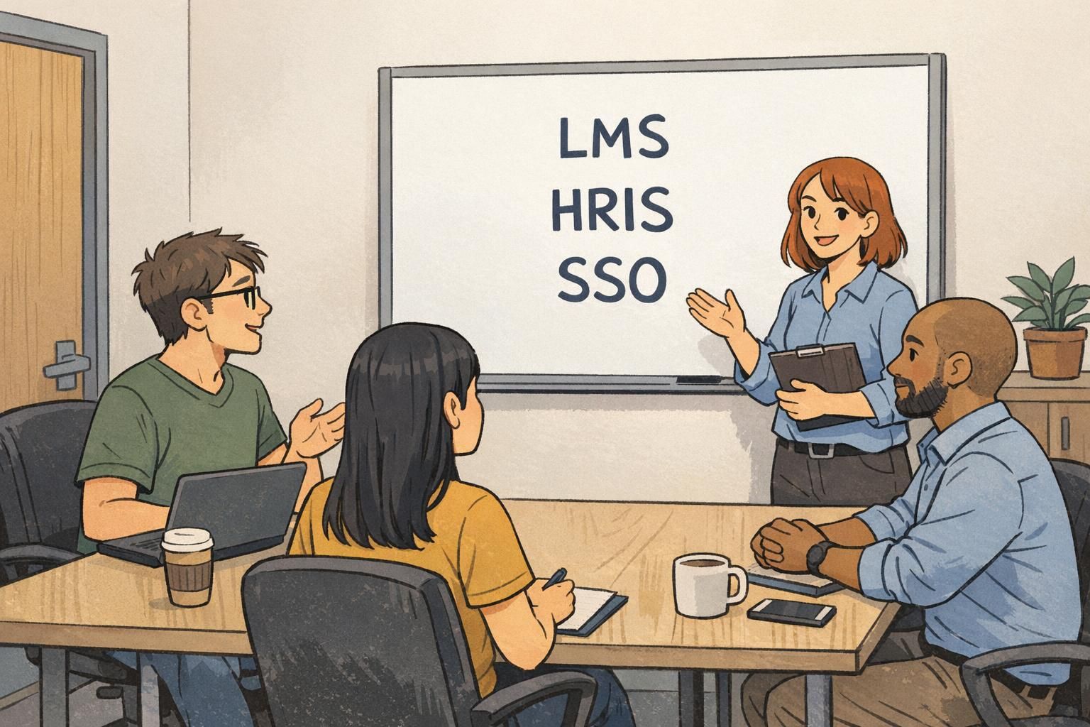 HR and IT staff meet in a conference room to plan badge program integrations with core systems on a whiteboard.