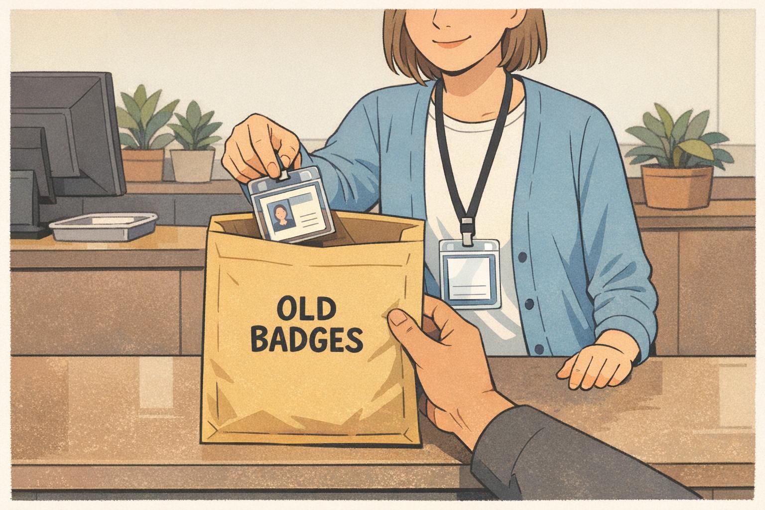 Receptionist receives an old badge from an employee during a rebranding ID cards exchange.