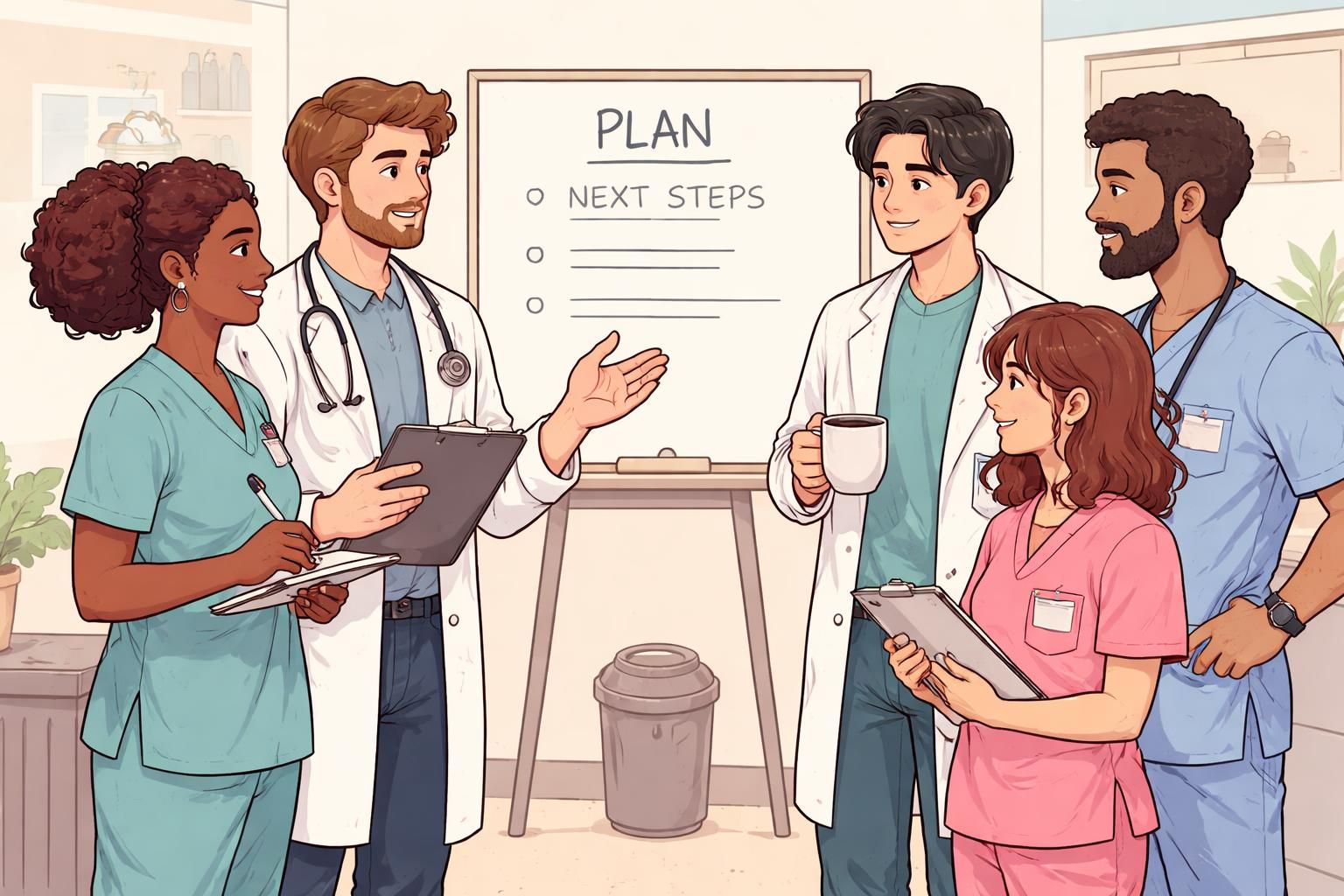 An interprofessional team huddles around a small whiteboard outlining plan and next steps, with visible ID badges and role cards supporting quick role identification during the briefing.