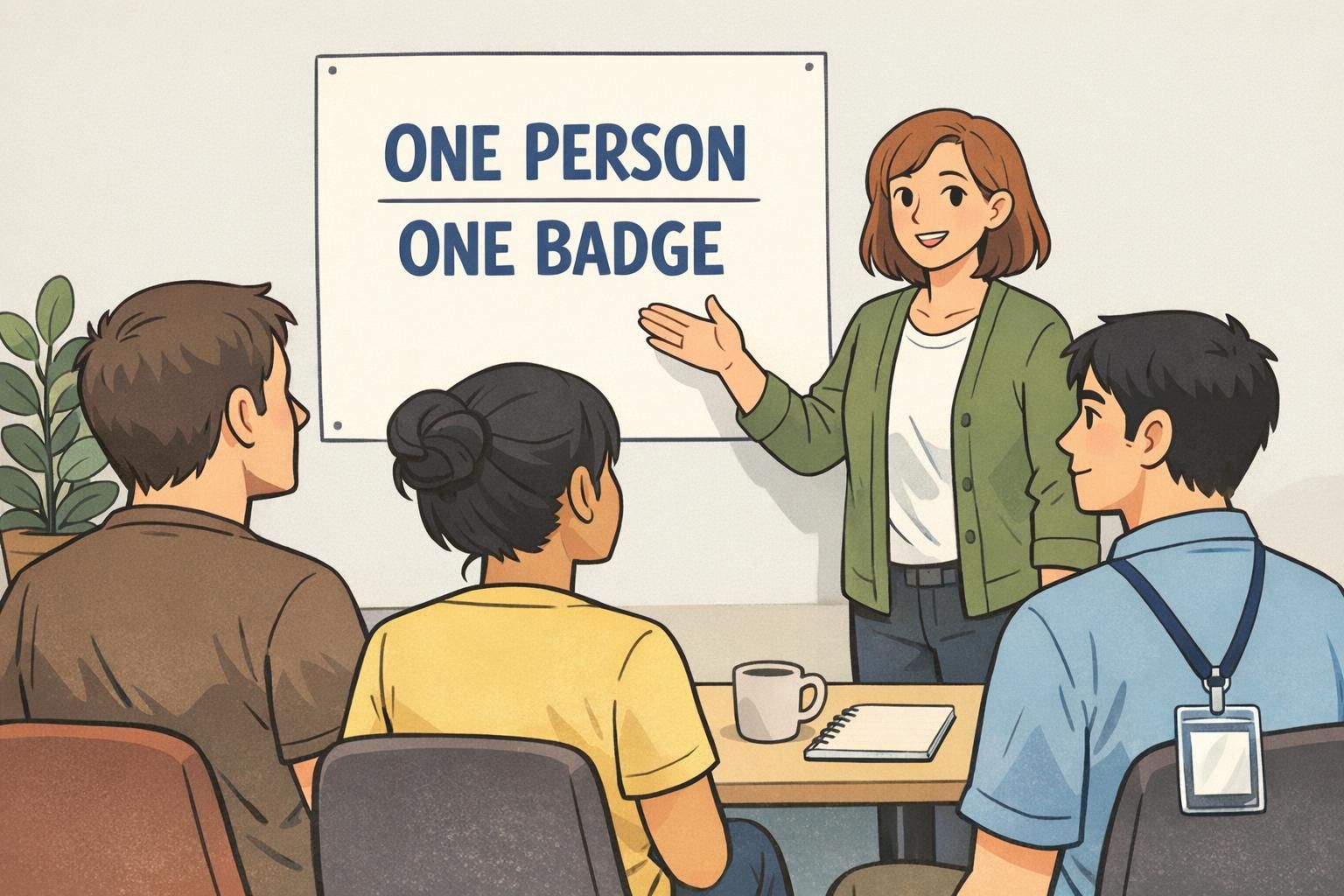 In a team training session, employees listen as a lead explains one-person-one-badge expectations to strengthen ID security culture.