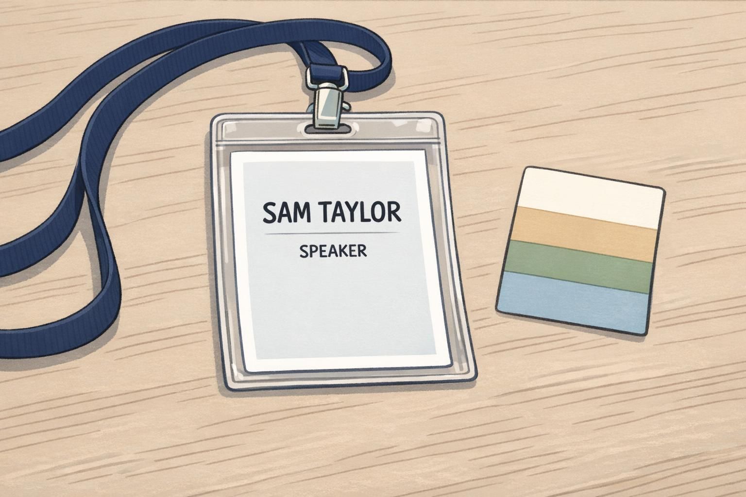 A close-up ID badge in a clear holder on a lanyard shows large sans-serif name and role on a light background, demonstrating readable badge design.