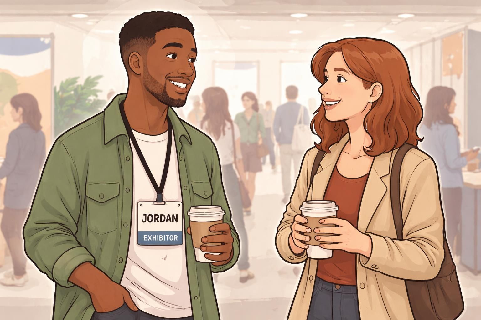 Two adults conversing on a convention floor; one person wears a rigid printed badge on a black lanyard while holding a coffee cup, showing a durable exhibitor-style badge.