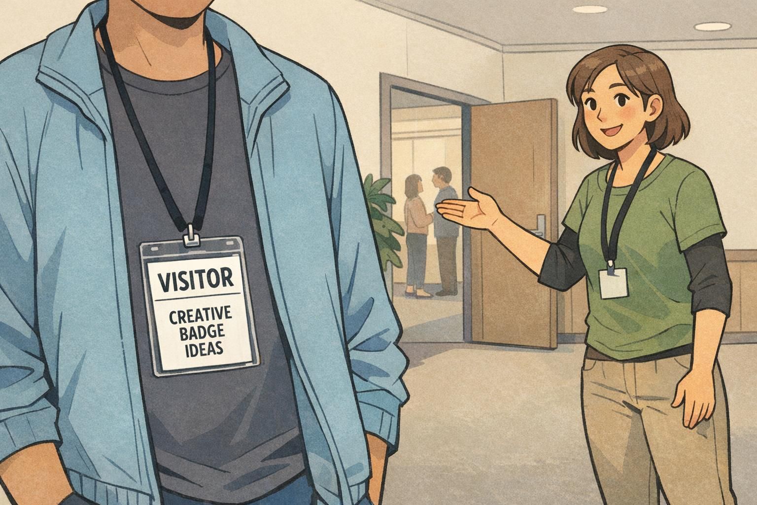 Conference hallway scene with an attendee wearing a clear visitor badge in a vertical holder, offering event badge inspiration for navigation.