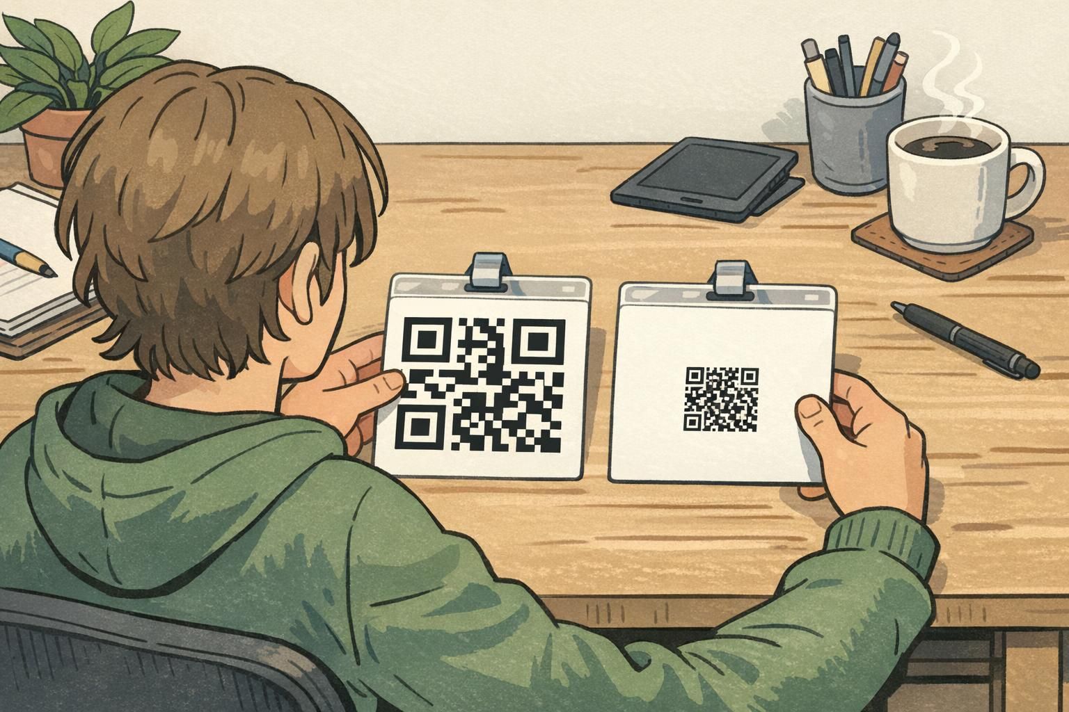A designer compares two printed QR code badge mockups side by side—one with a large high-contrast code and one with a tiny dense code—to spot QR code errors.