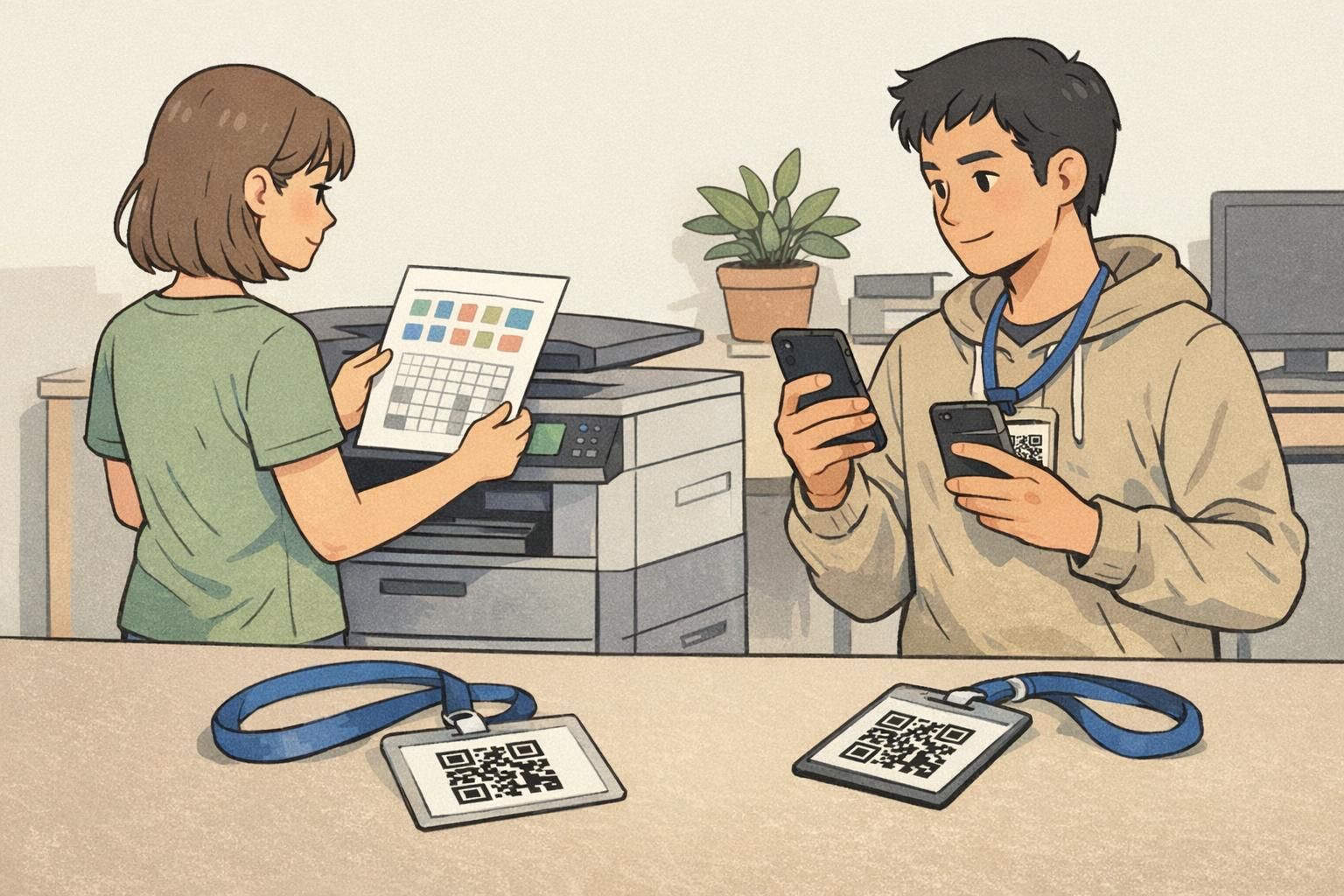A small team runs a quick test by scanning a QR code badge on a lanyard and another badge lying flat, using different phones at different distances.