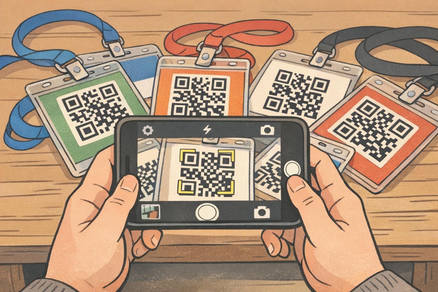 A phone camera points at several QR code badges lying close together on a table, showing how nearby codes can cause mis-scans during badge scanning.